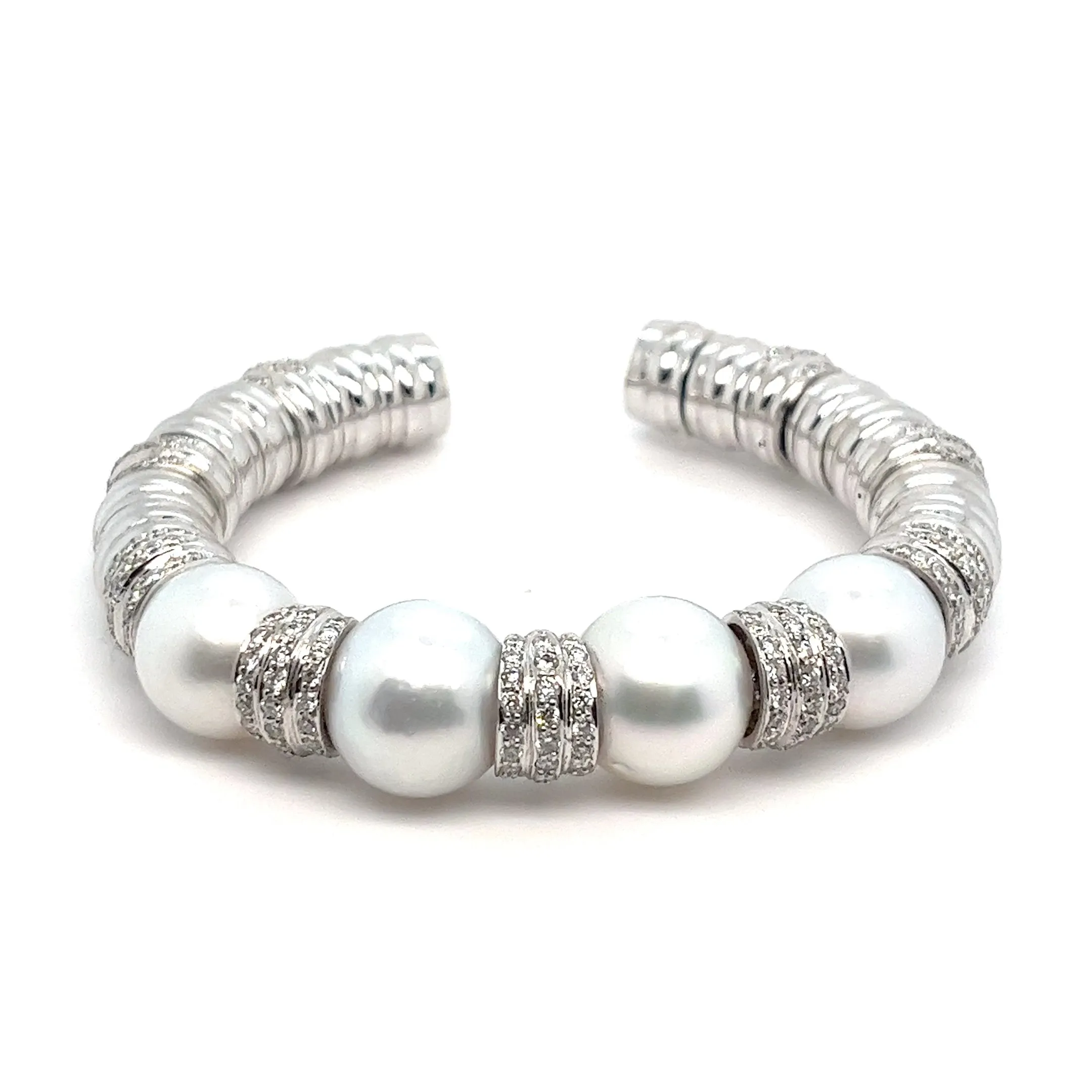 18kt White Gold South Sea Pearl   Pav Diamond Bangle Cuff