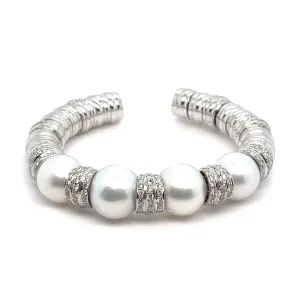 18kt White Gold South Sea Pearl   Pav Diamond Bangle Cuff