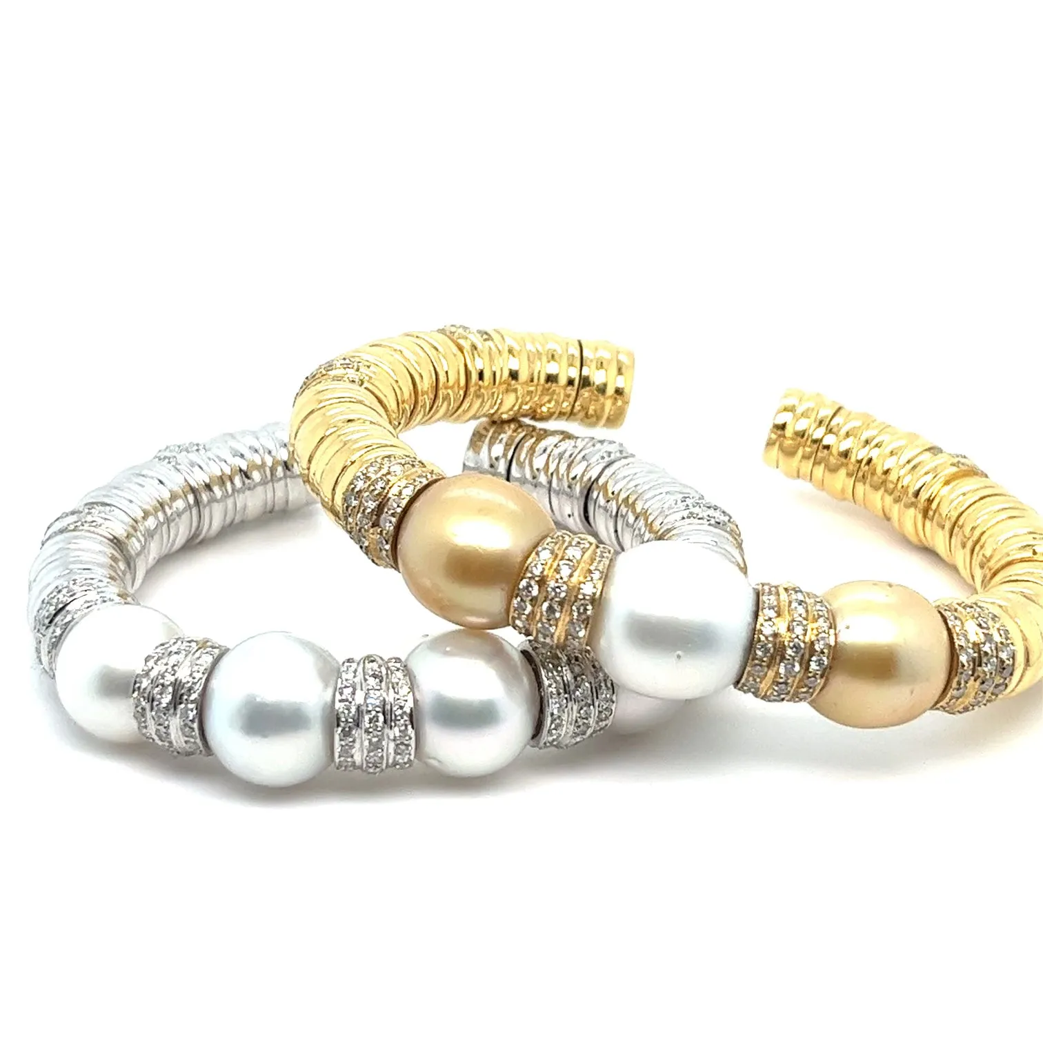 18kt White Gold South Sea Pearl   Pav Diamond Bangle Cuff