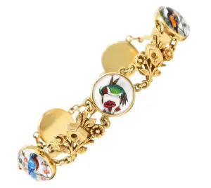 1940s Essex Crystal Quartz 14 Karat Yellow Gold Bird Themed Antique Link Bracelet