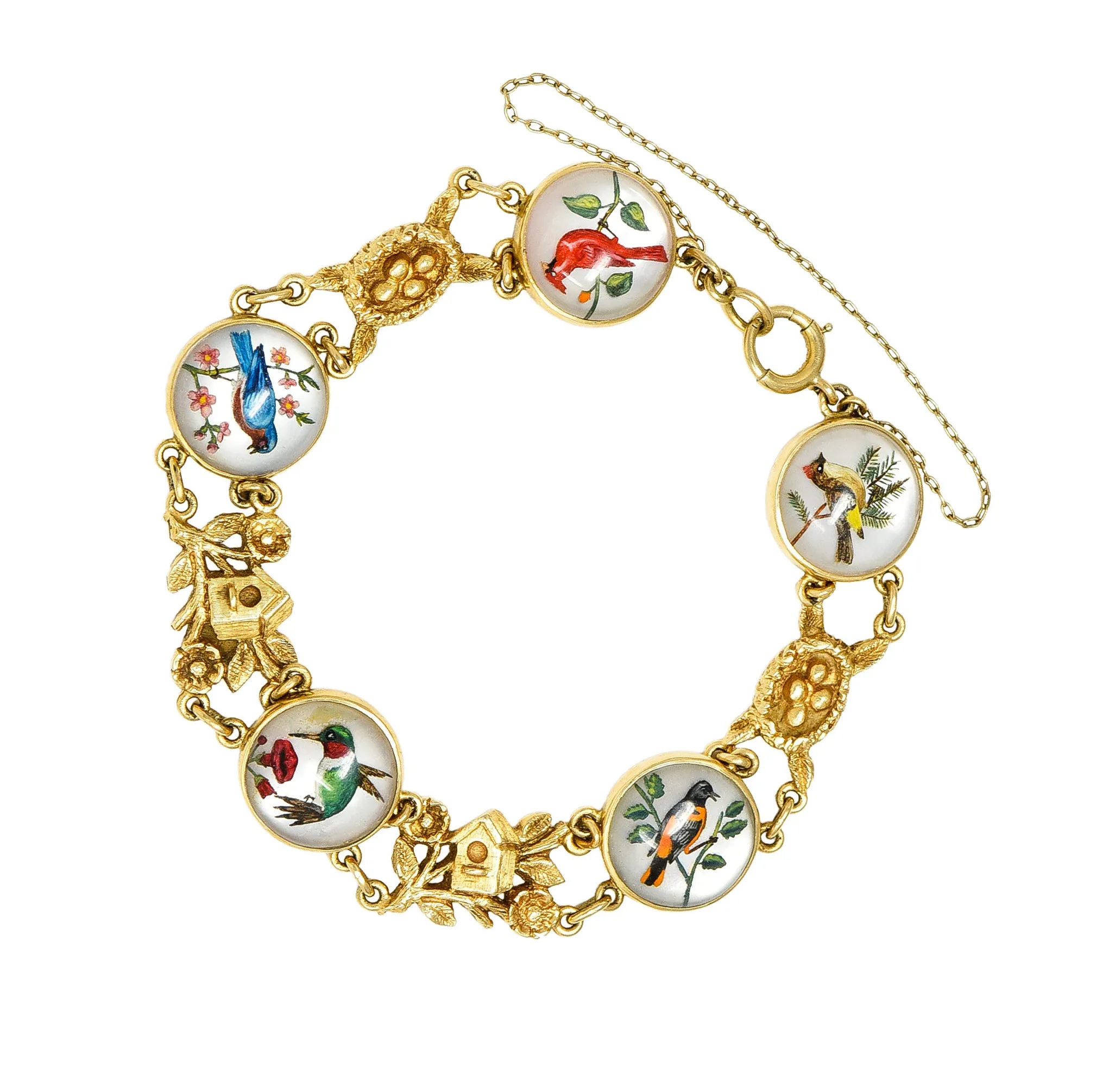 1940s Essex Crystal Quartz 14 Karat Yellow Gold Bird Themed Antique Link Bracelet