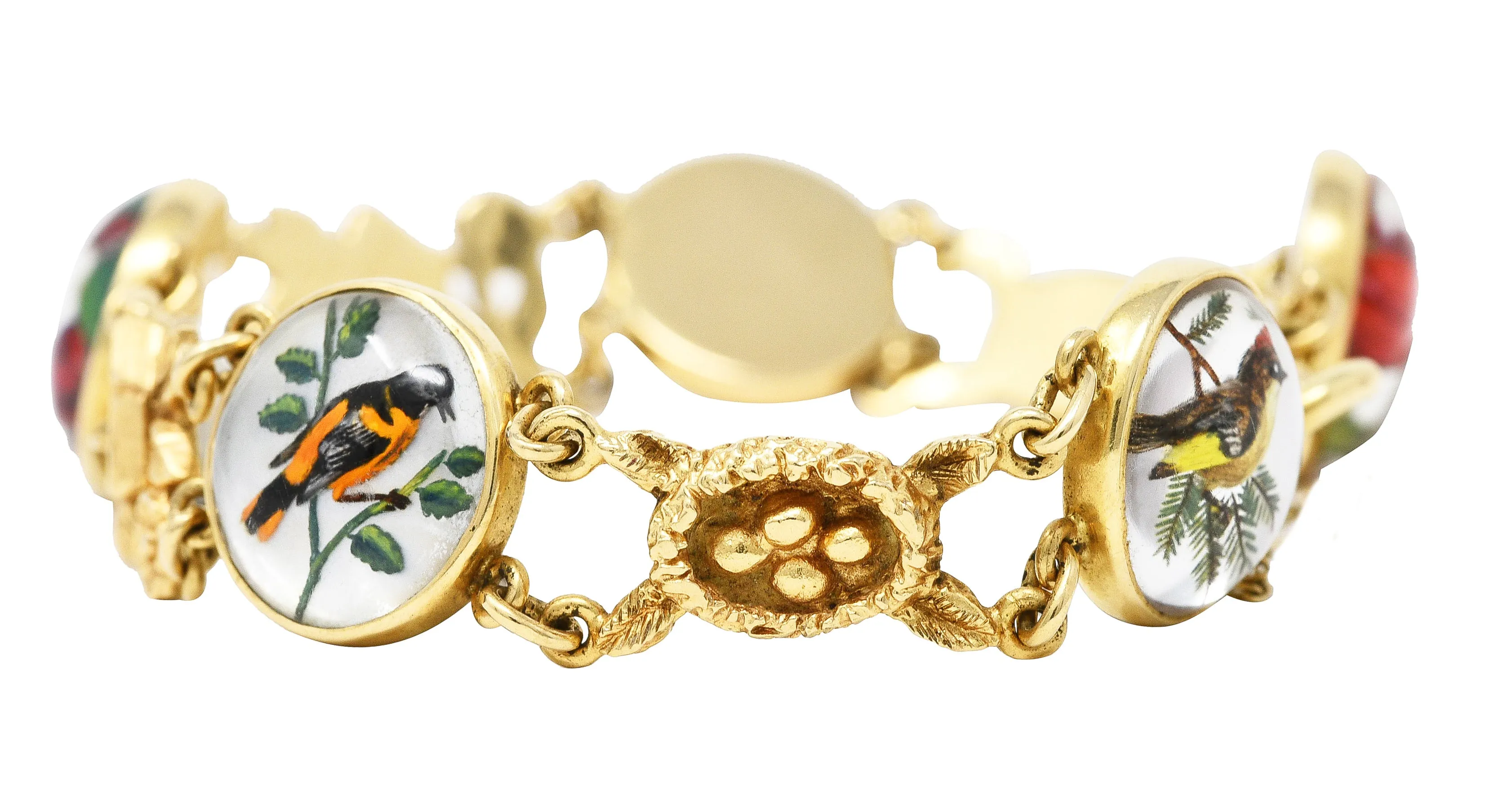 1940s Essex Crystal Quartz 14 Karat Yellow Gold Bird Themed Antique Link Bracelet