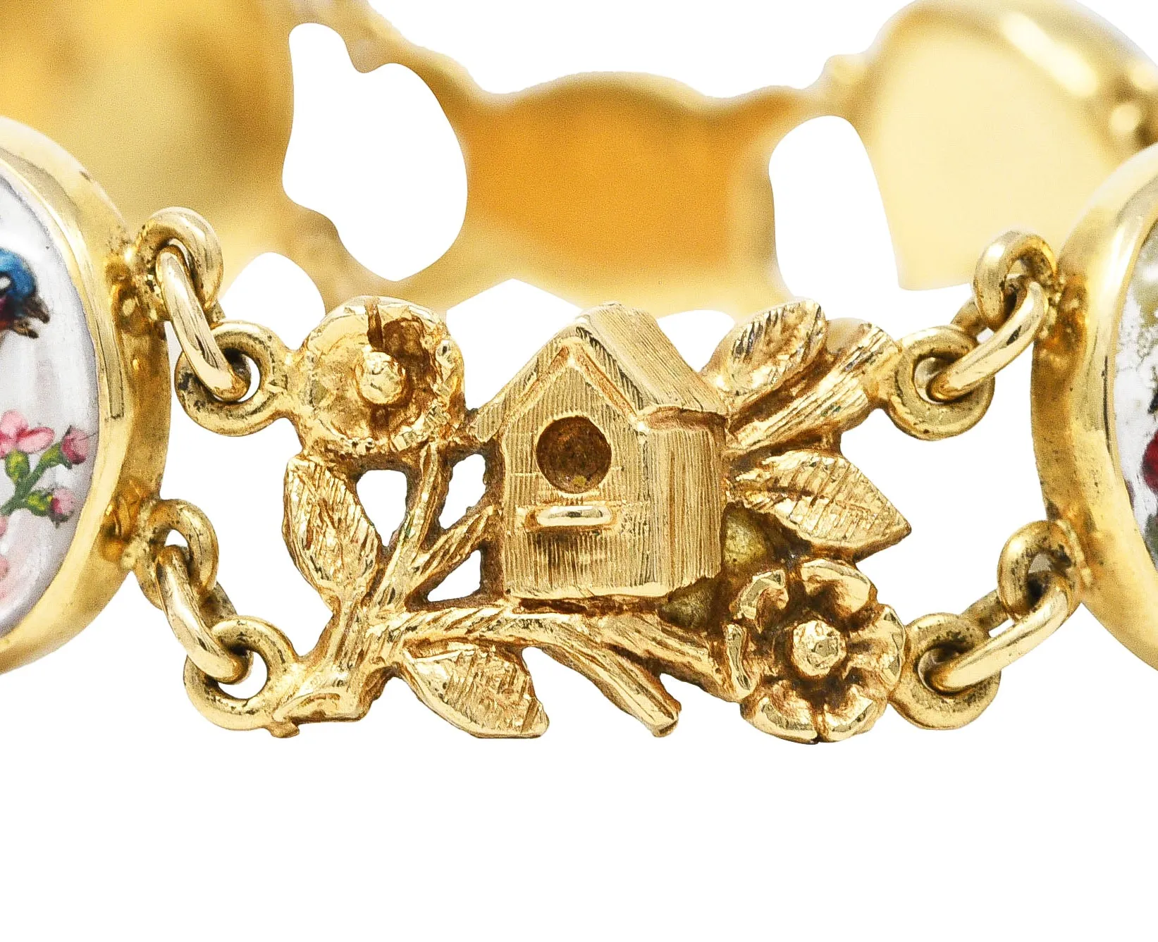 1940s Essex Crystal Quartz 14 Karat Yellow Gold Bird Themed Antique Link Bracelet