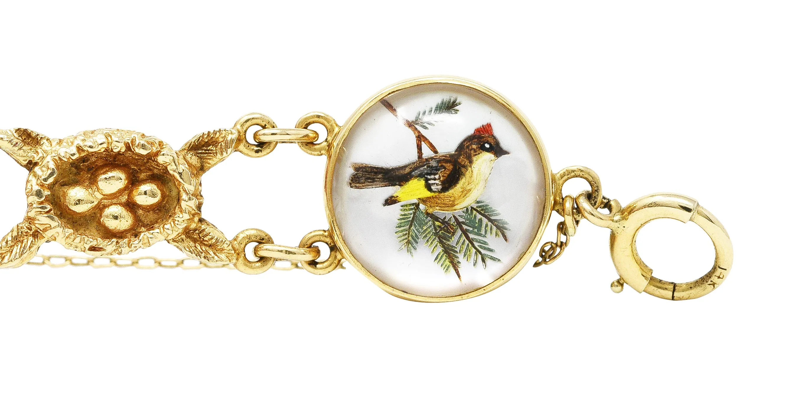 1940s Essex Crystal Quartz 14 Karat Yellow Gold Bird Themed Antique Link Bracelet