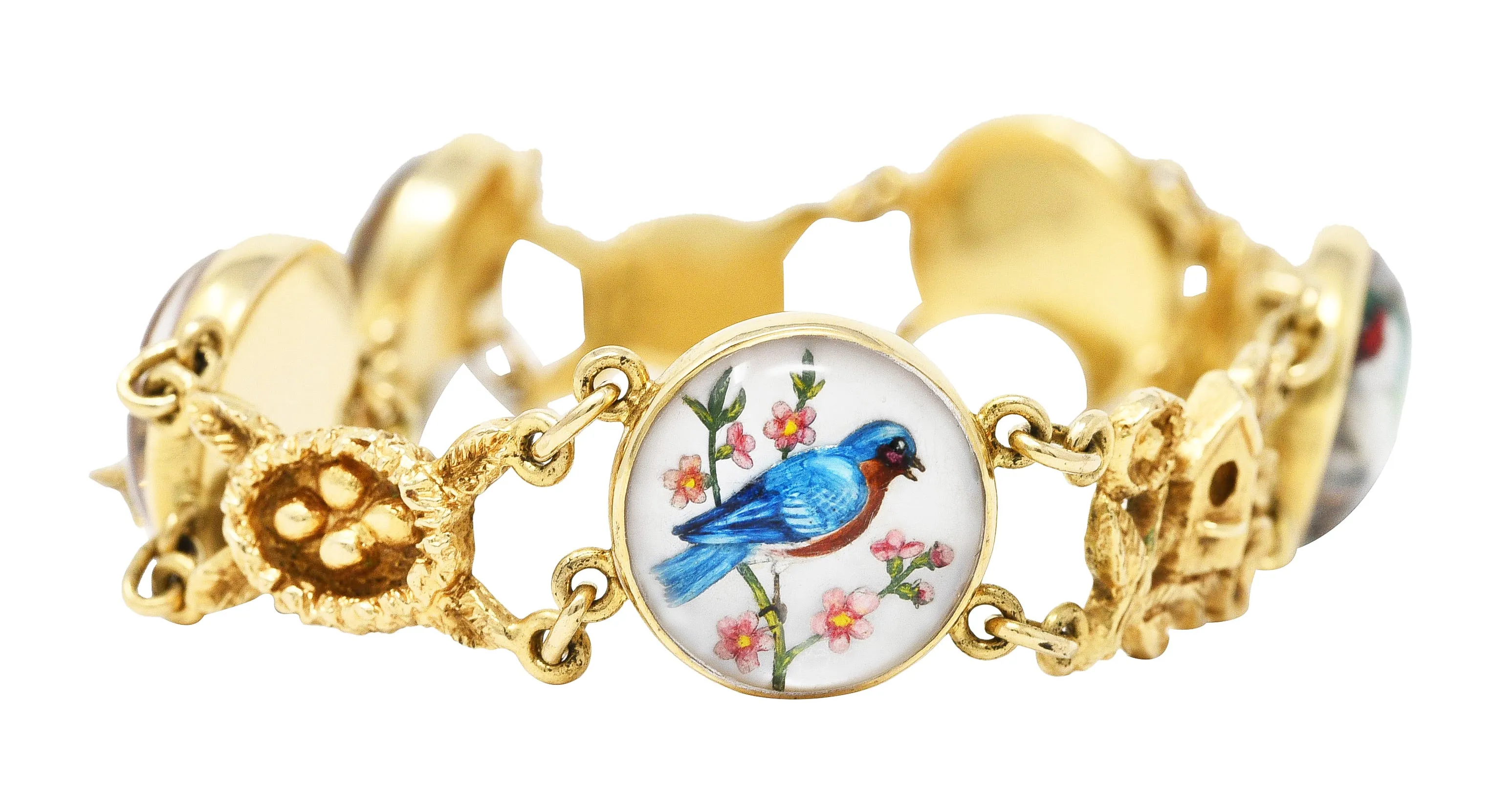 1940s Essex Crystal Quartz 14 Karat Yellow Gold Bird Themed Antique Link Bracelet