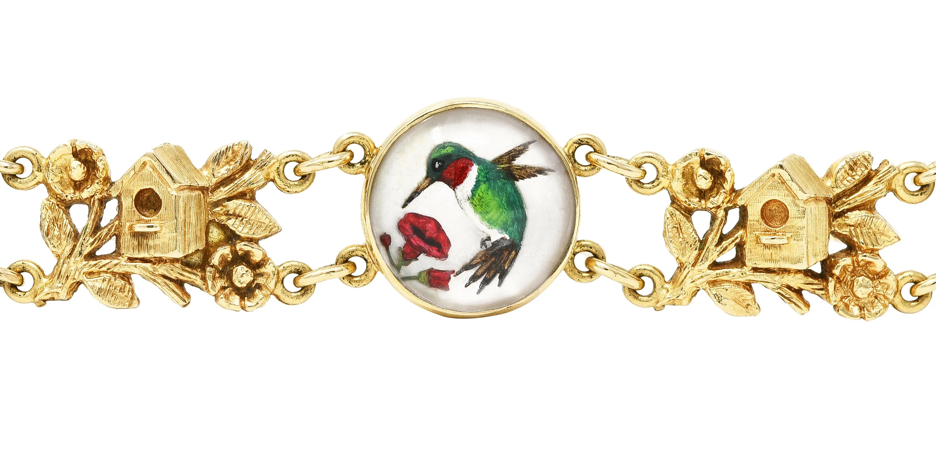 1940s Essex Crystal Quartz 14 Karat Yellow Gold Bird Themed Antique Link Bracelet