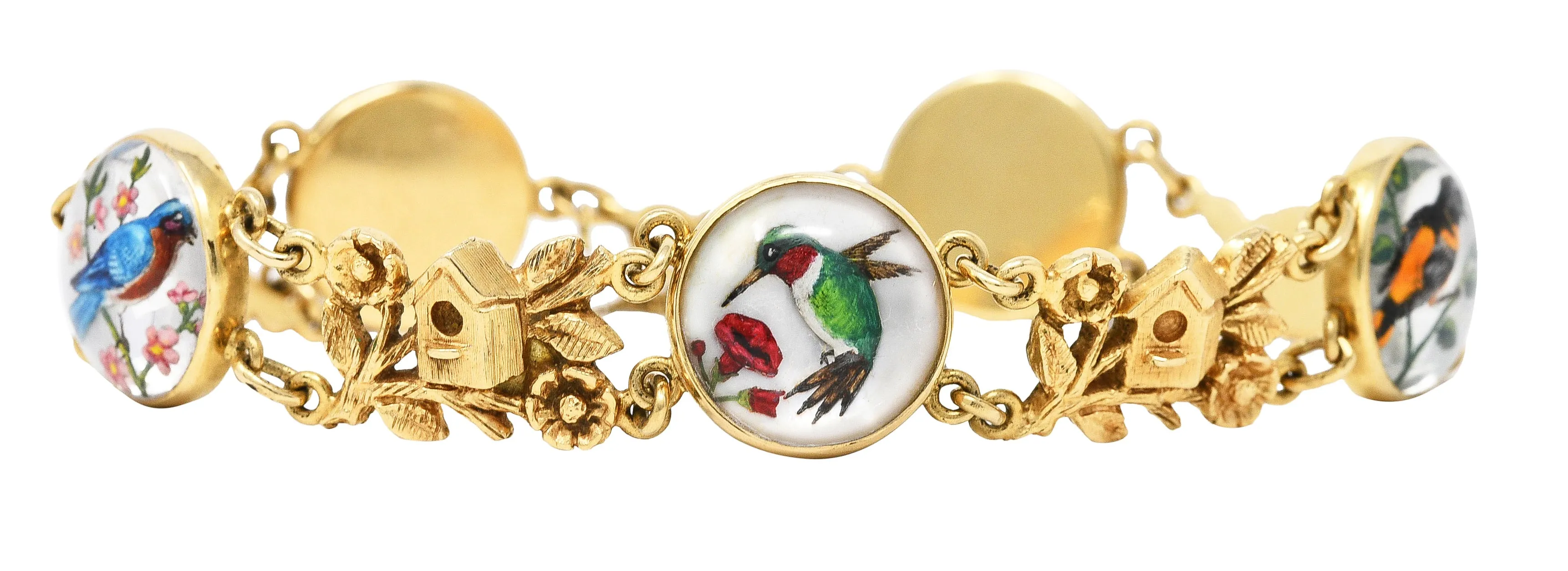 1940s Essex Crystal Quartz 14 Karat Yellow Gold Bird Themed Antique Link Bracelet