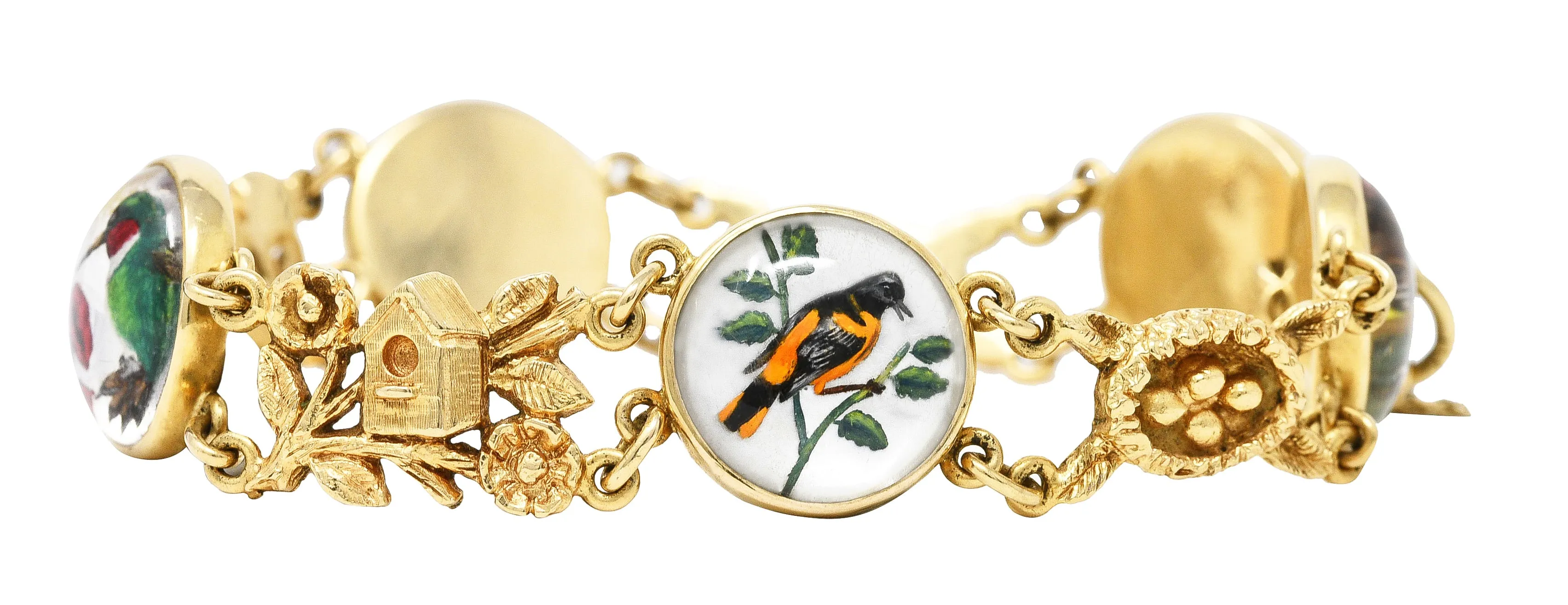 1940s Essex Crystal Quartz 14 Karat Yellow Gold Bird Themed Antique Link Bracelet