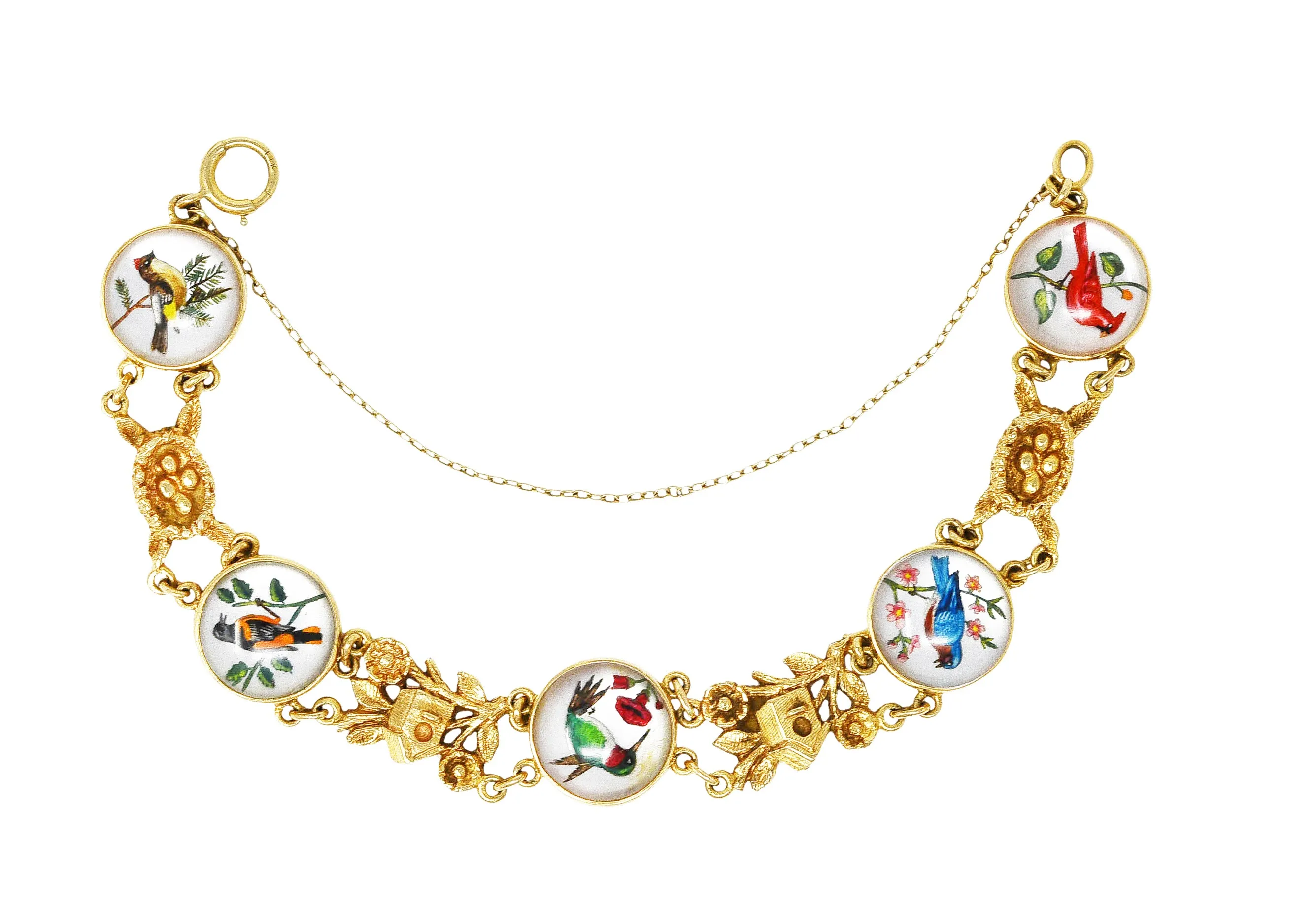 1940s Essex Crystal Quartz 14 Karat Yellow Gold Bird Themed Antique Link Bracelet