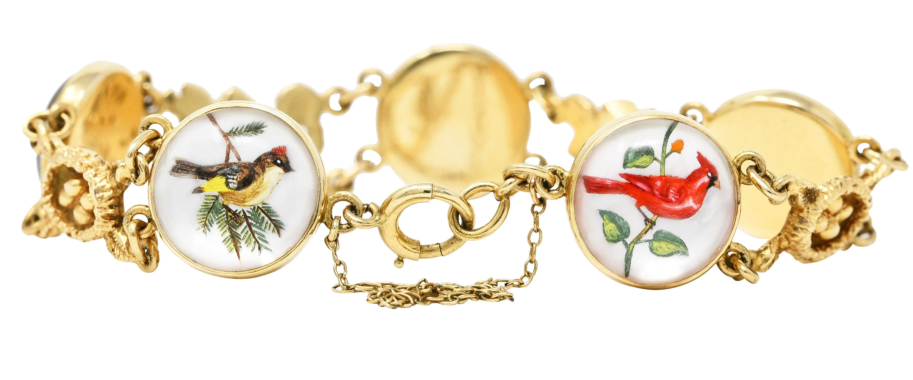 1940s Essex Crystal Quartz 14 Karat Yellow Gold Bird Themed Antique Link Bracelet