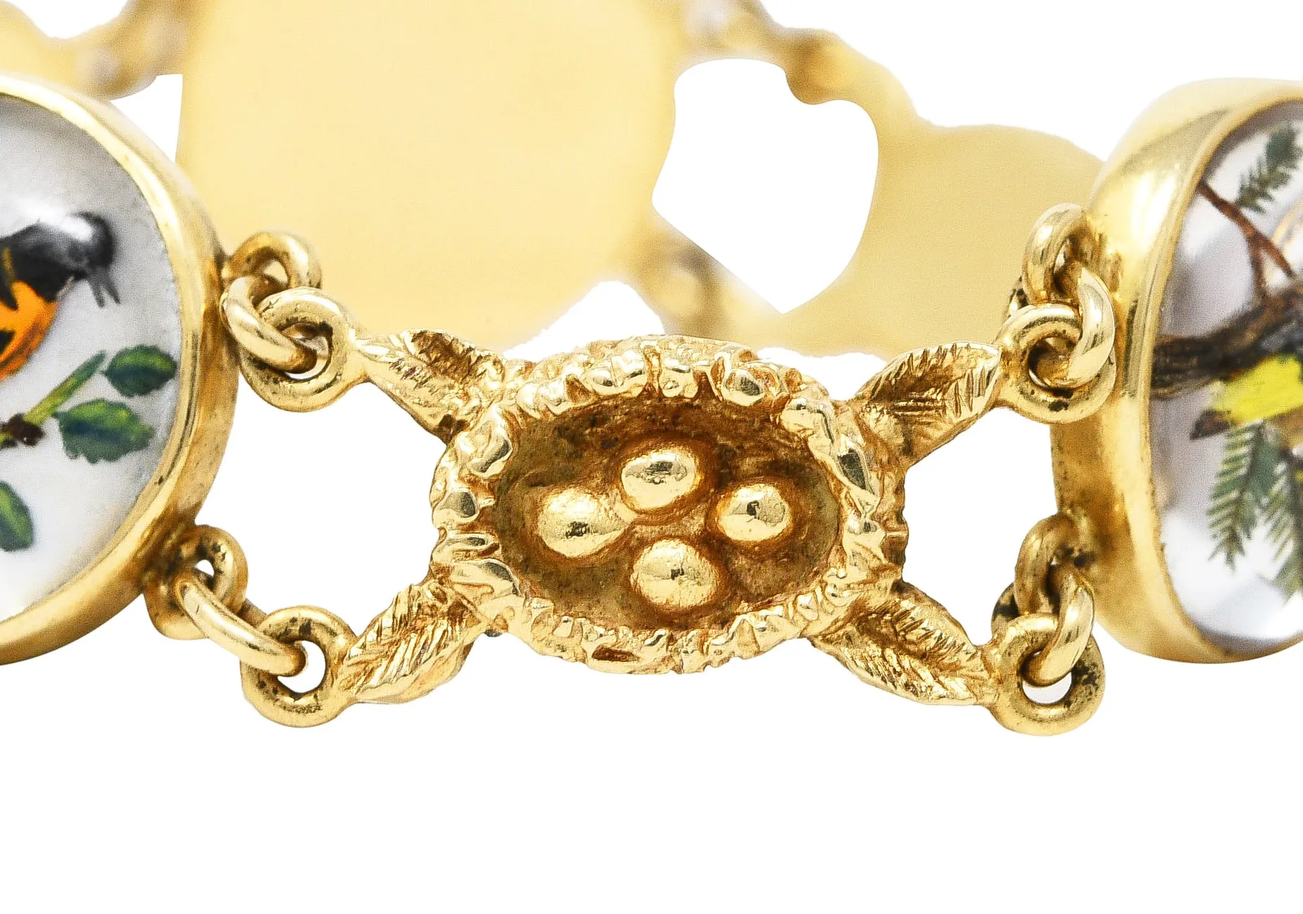 1940s Essex Crystal Quartz 14 Karat Yellow Gold Bird Themed Antique Link Bracelet