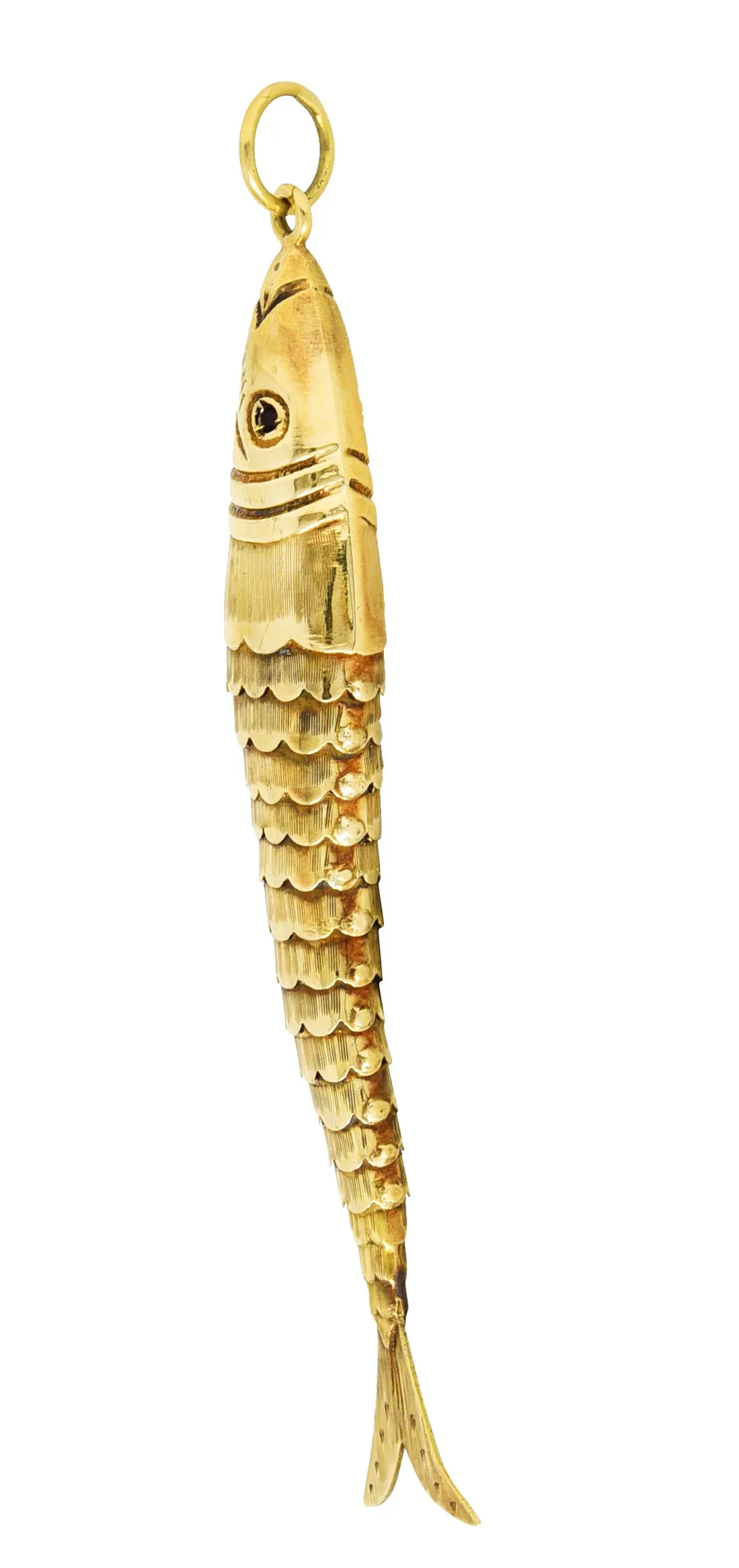 1960's Garnet 14 Karat Yellow Gold Articulated Vintage Fish Pendant