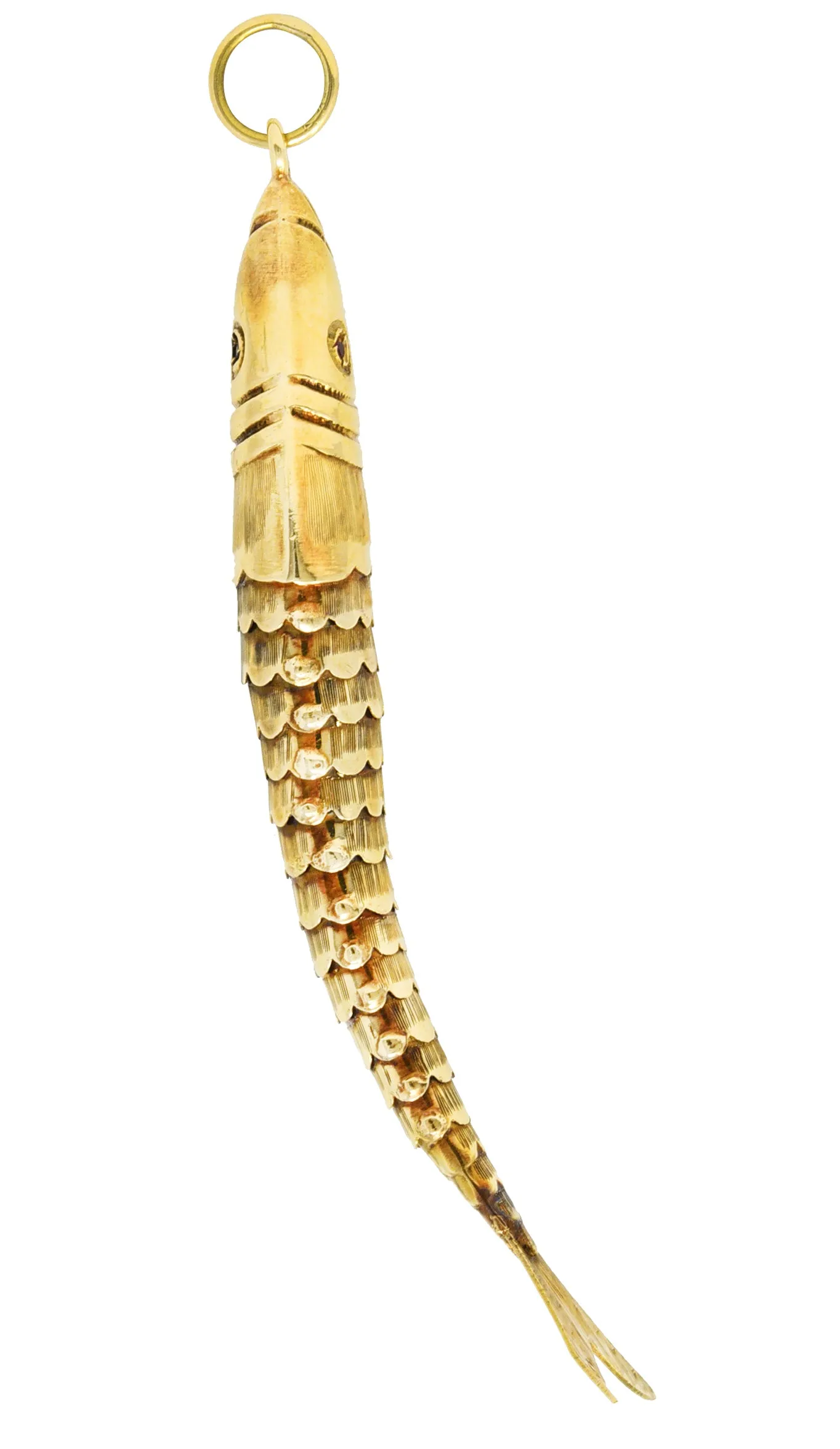 1960's Garnet 14 Karat Yellow Gold Articulated Vintage Fish Pendant