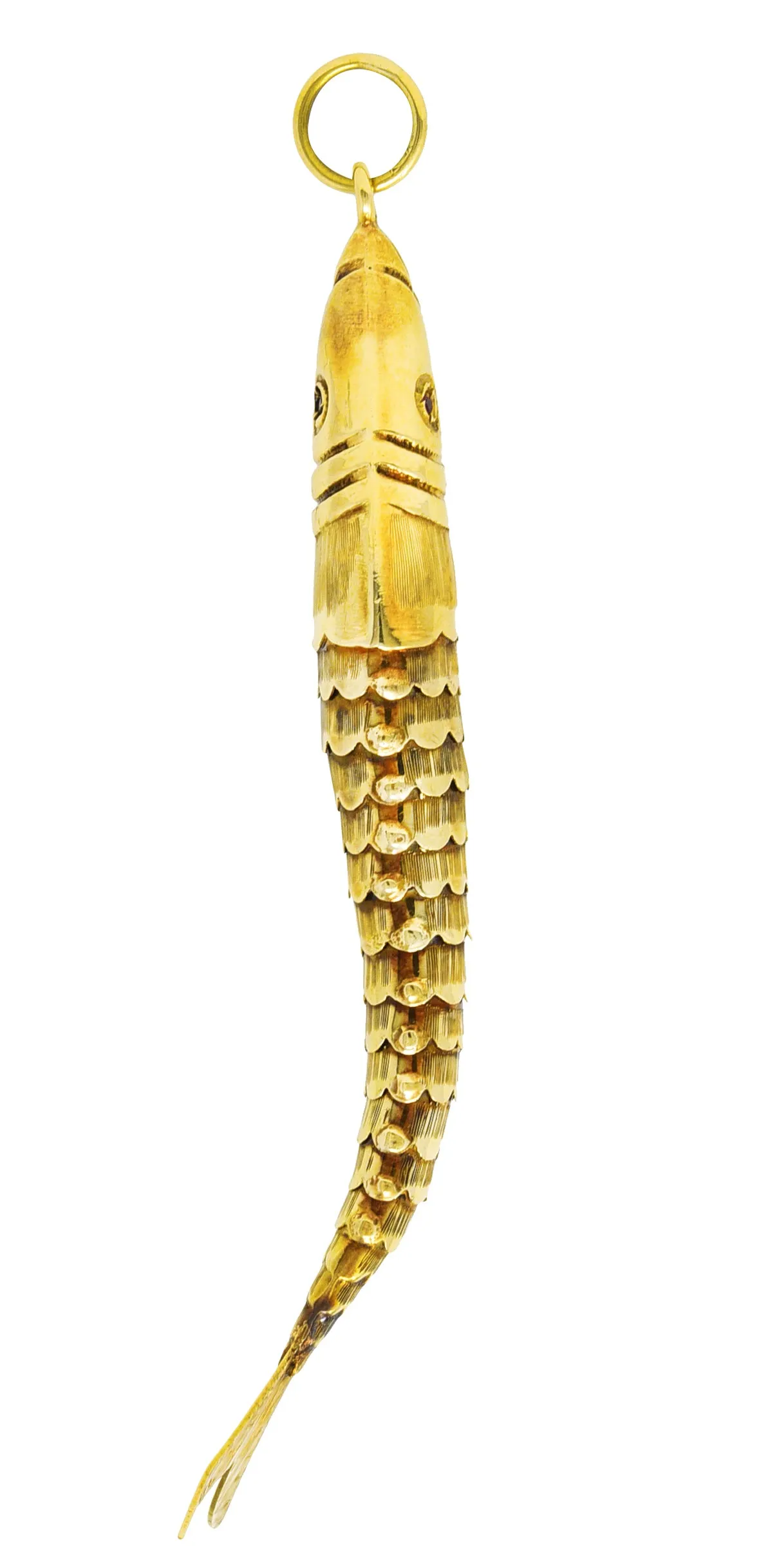 1960's Garnet 14 Karat Yellow Gold Articulated Vintage Fish Pendant