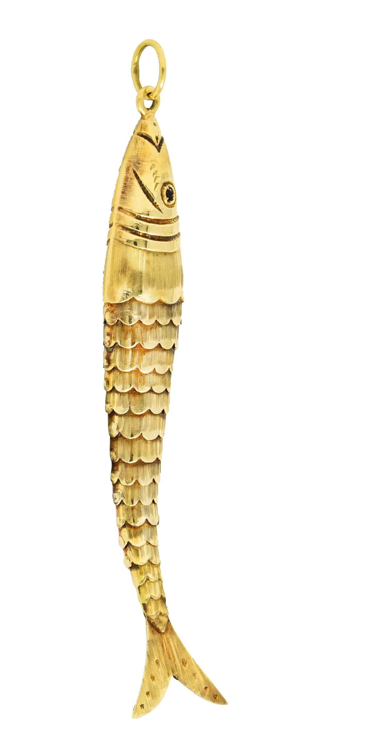 1960's Garnet 14 Karat Yellow Gold Articulated Vintage Fish Pendant