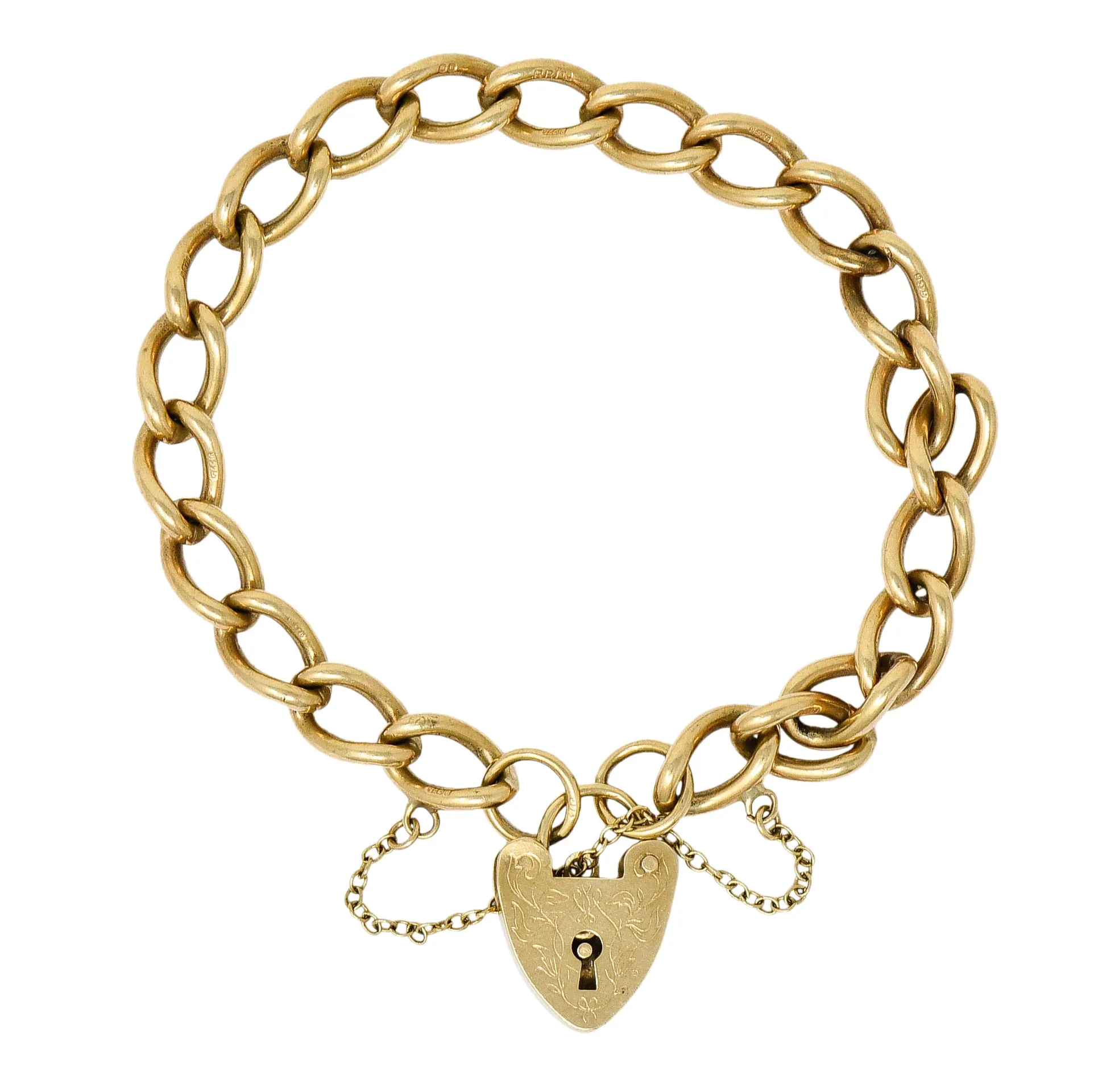 Antique 9 Karat Gold British Heart Padlock Charm Bracelet