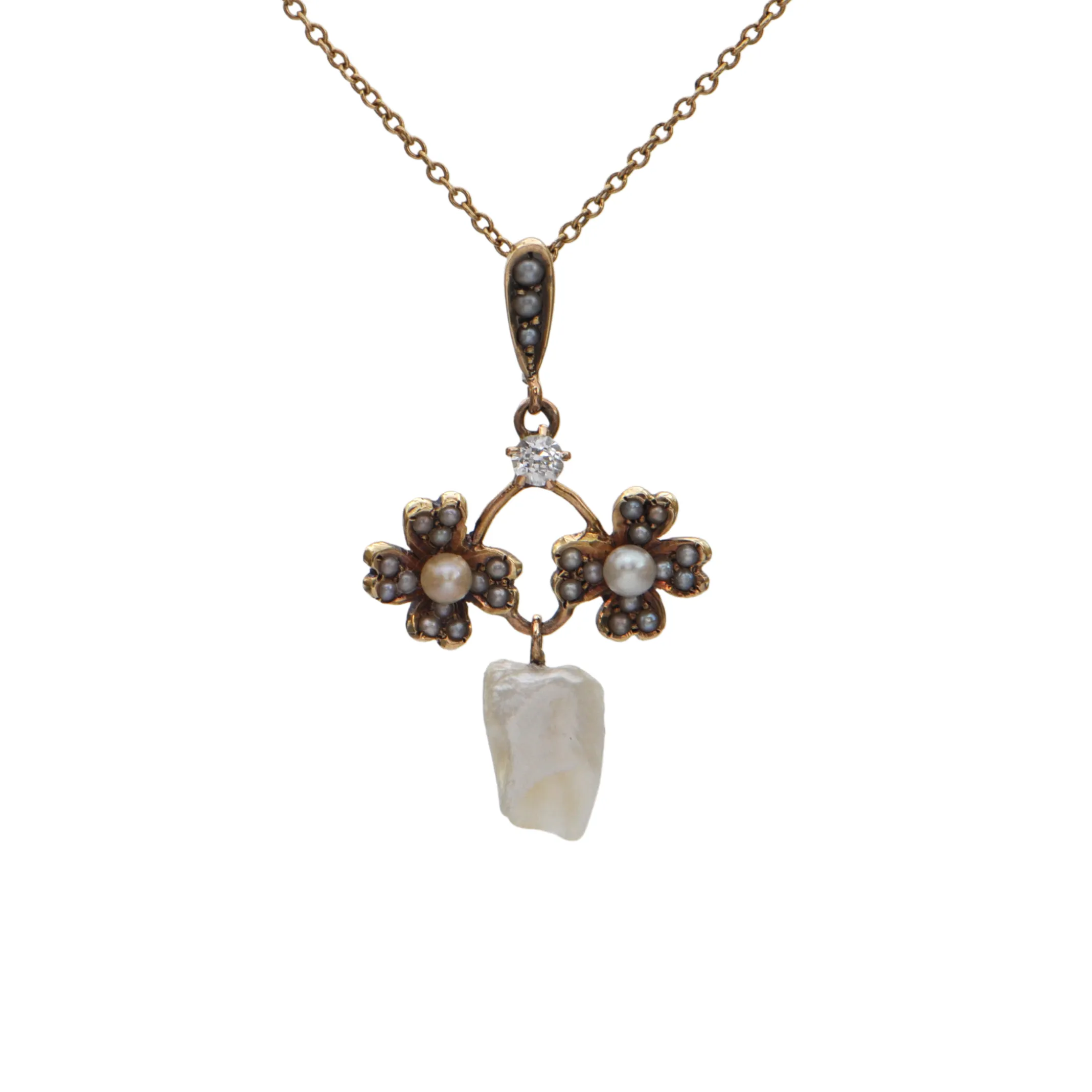 Antique Edwardian Diamond and Pearl Gold Pendant (C.1900-1910)