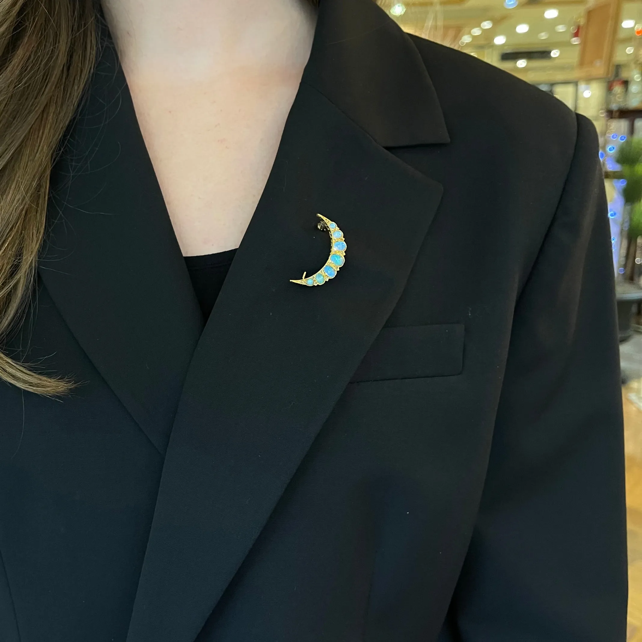 Antique Opal and Diamond 18K Yellow Gold Crescent Moon Brooch