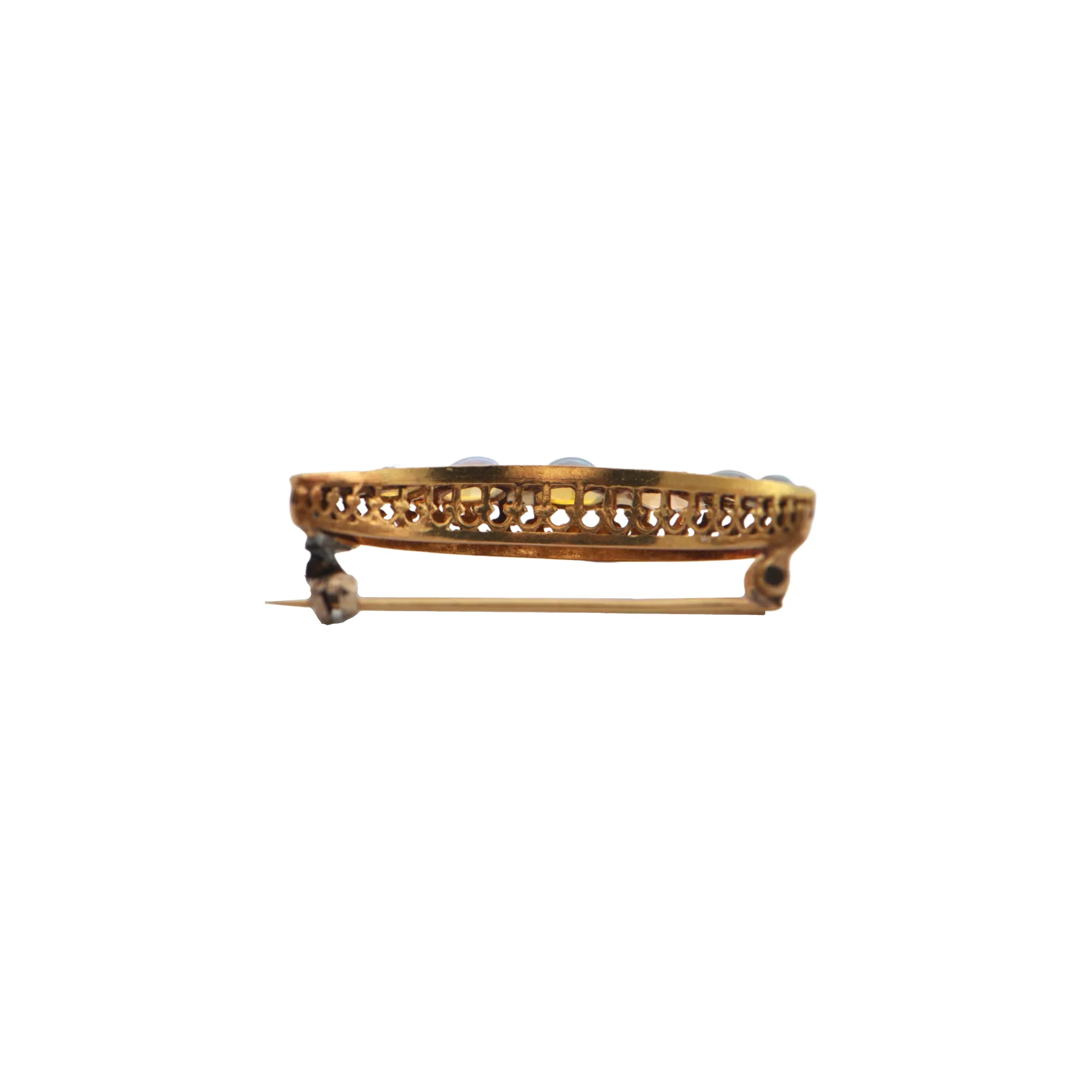 Antique Opal and Diamond 18K Yellow Gold Crescent Moon Brooch