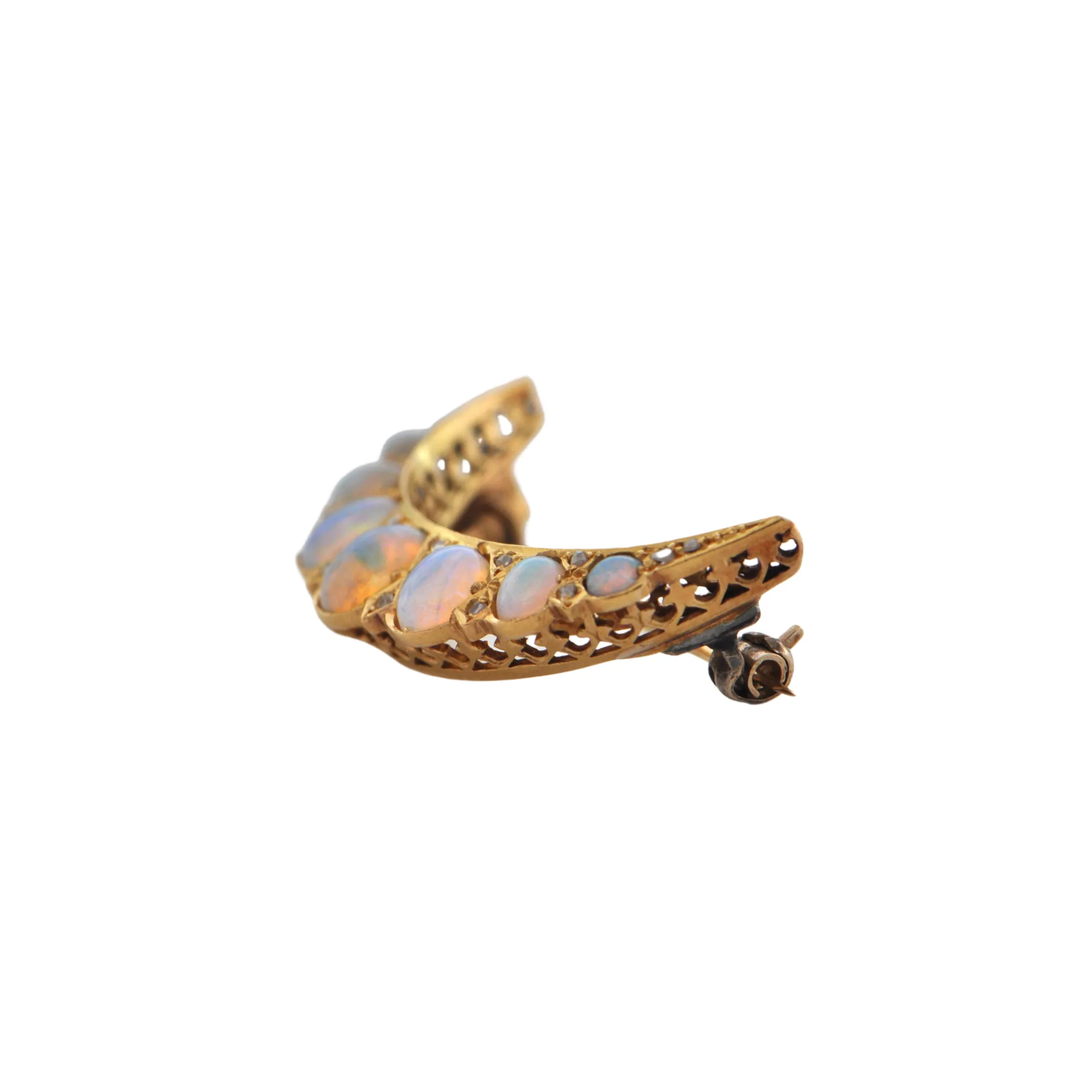 Antique Opal and Diamond 18K Yellow Gold Crescent Moon Brooch