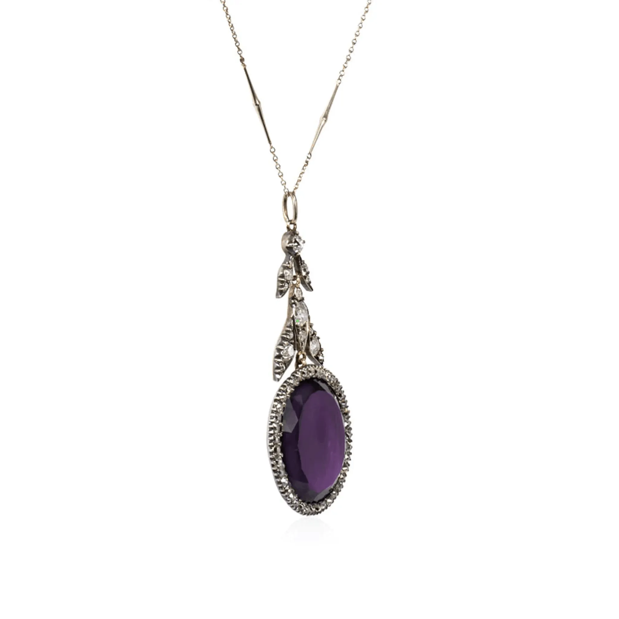 Antique Silver & 18KT Yellow Gold Amethyst & Diamond Pendant Necklace
