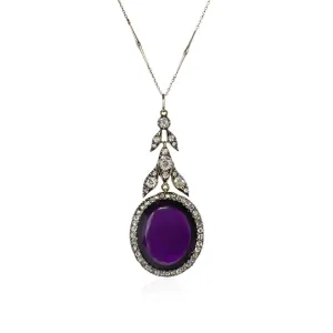 Antique Silver & 18KT Yellow Gold Amethyst & Diamond Pendant Necklace