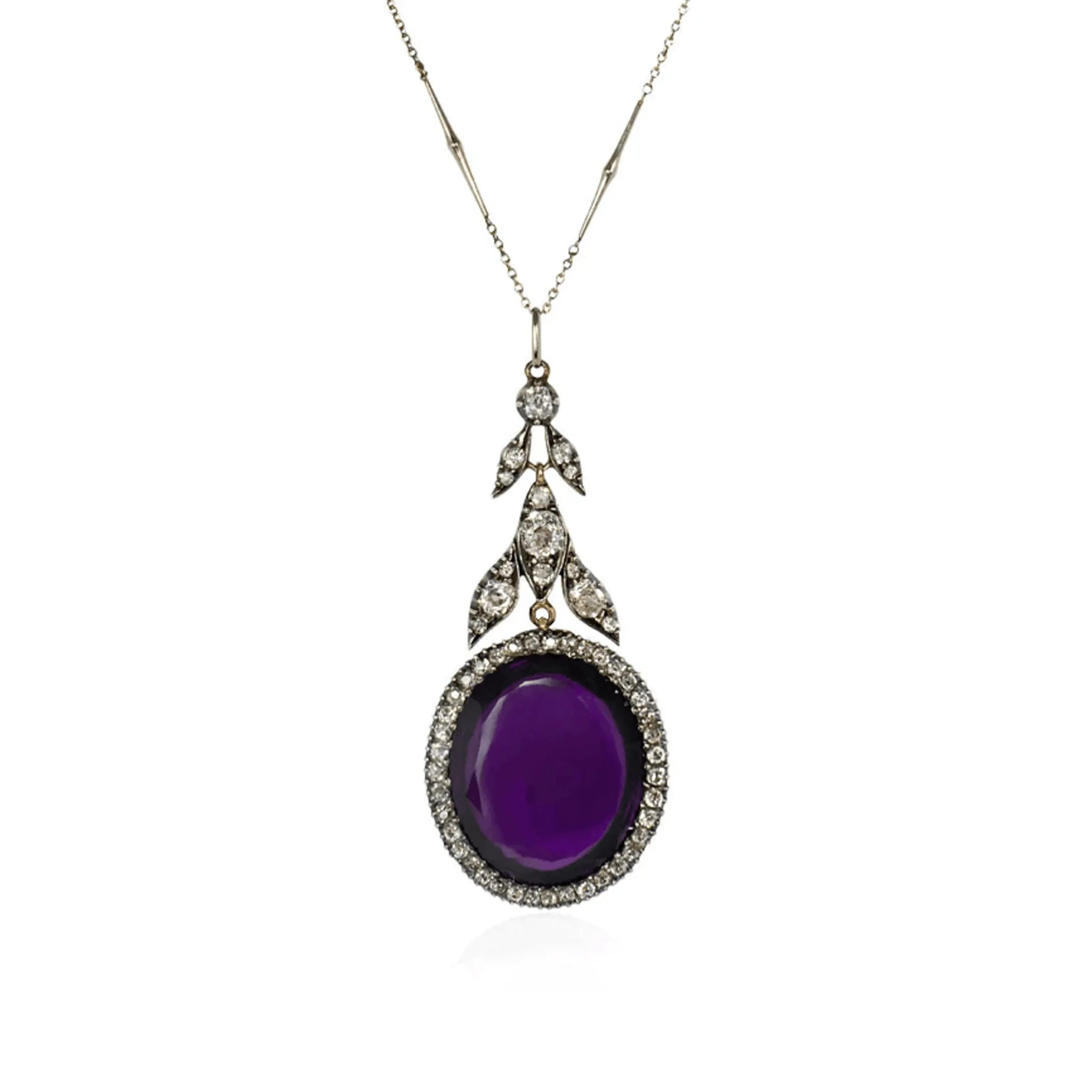 Antique Silver & 18KT Yellow Gold Amethyst & Diamond Pendant Necklace