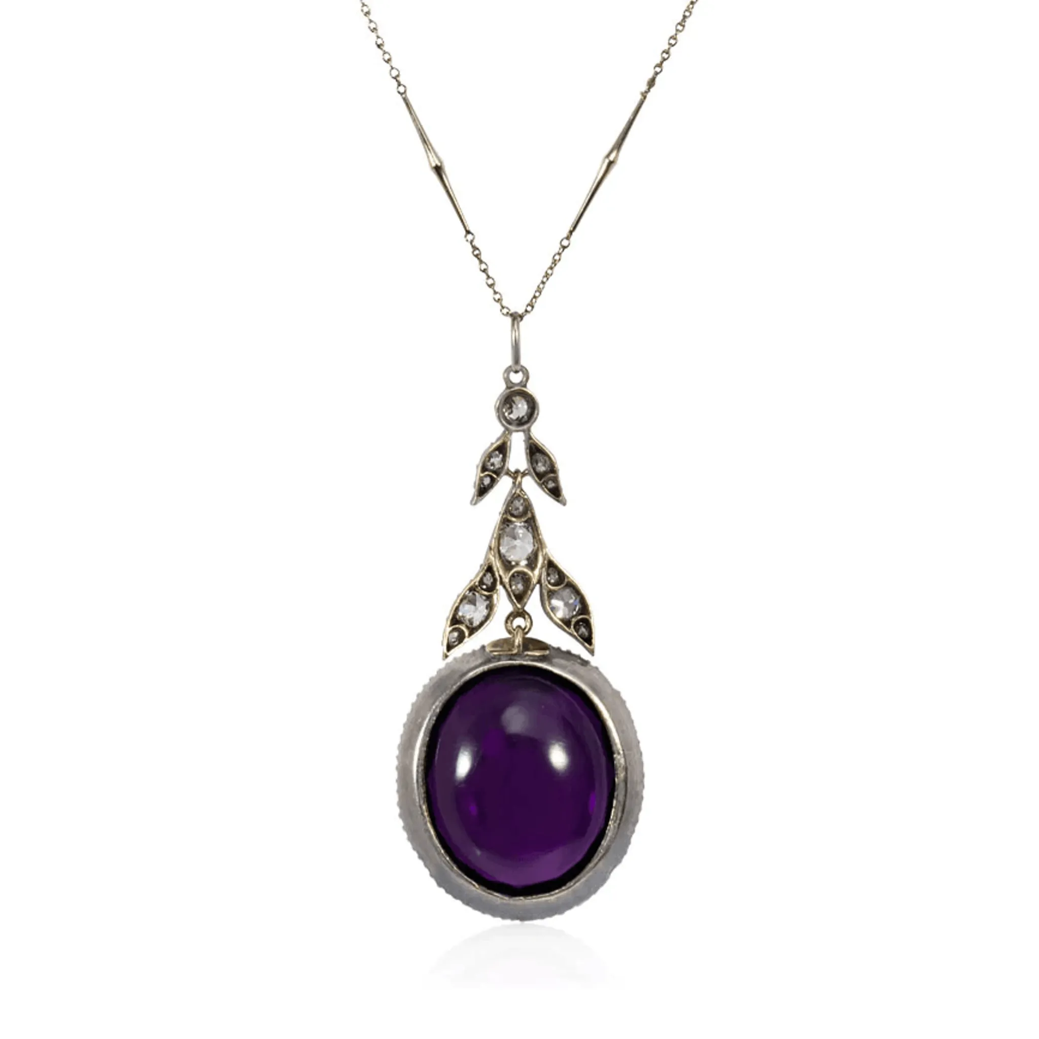 Antique Silver & 18KT Yellow Gold Amethyst & Diamond Pendant Necklace