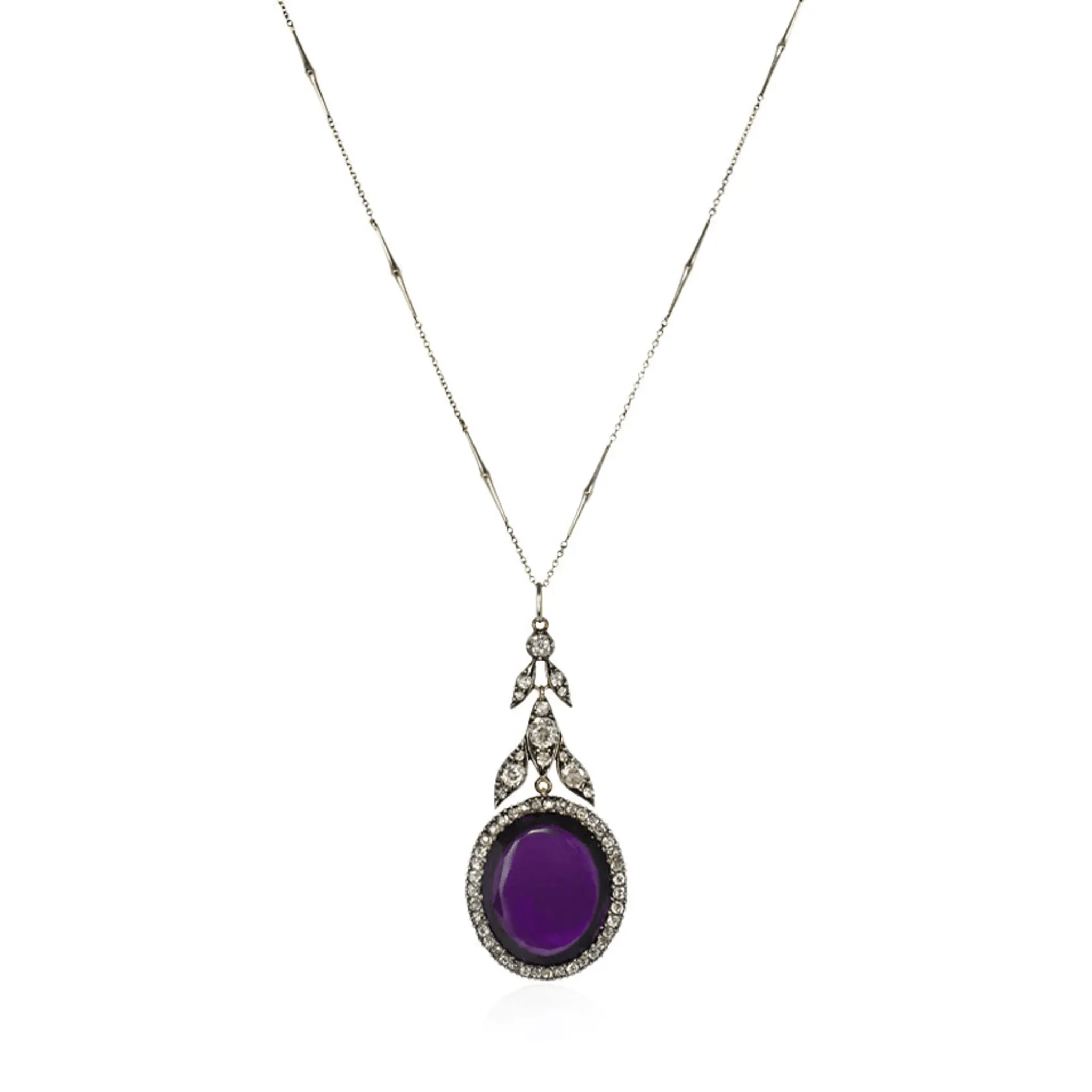 Antique Silver & 18KT Yellow Gold Amethyst & Diamond Pendant Necklace