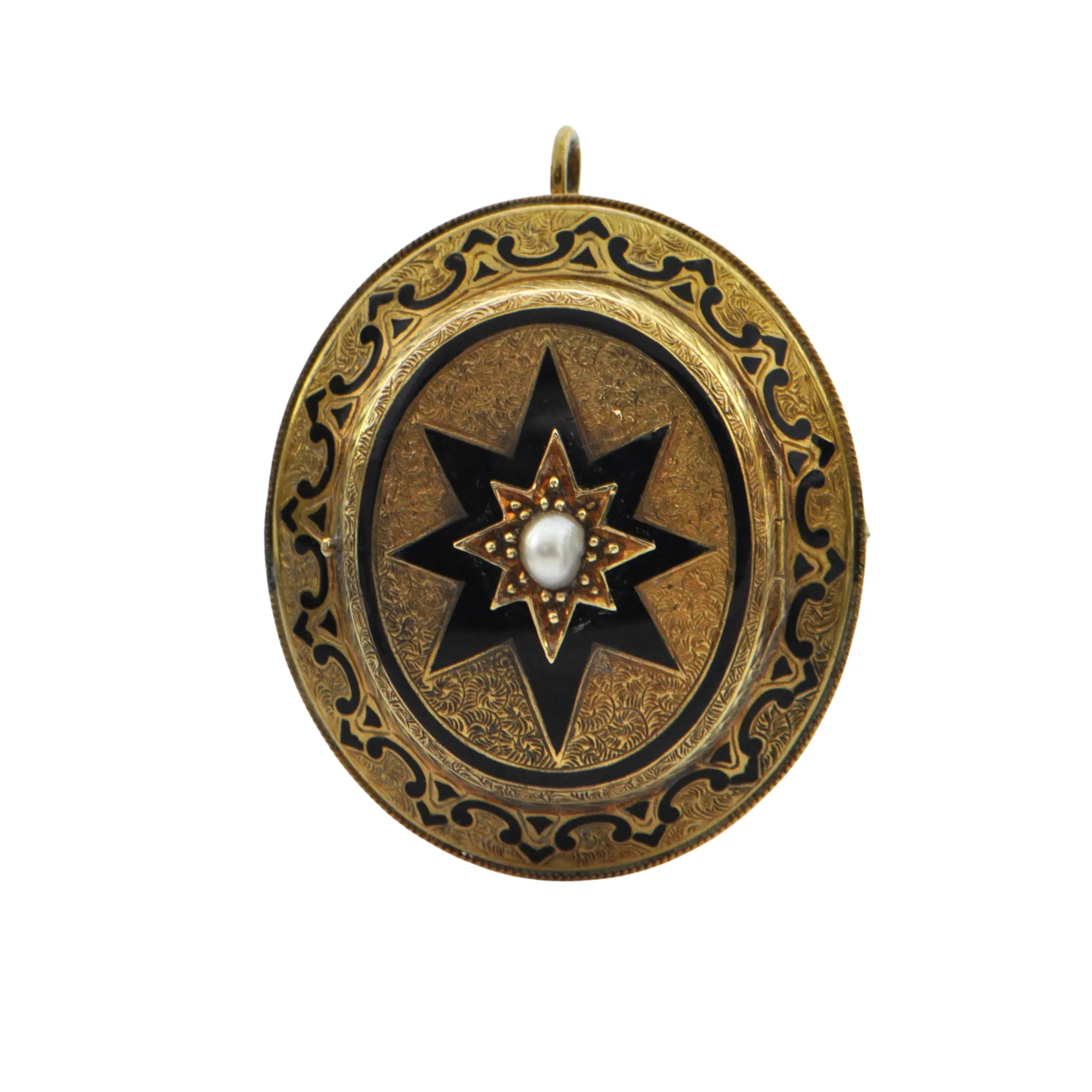 Antique Victorian Enamel and Pearl 18K/14k Yellow Gold Mourning Locket