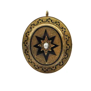 Antique Victorian Enamel and Pearl 18K/14k Yellow Gold Mourning Locket