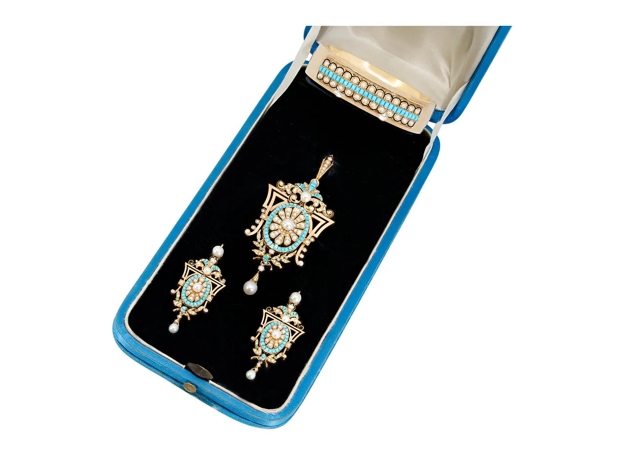 Antique Victorian Turquoise Suite of Locket Pendant/Brooch, Earrings and Bracelet