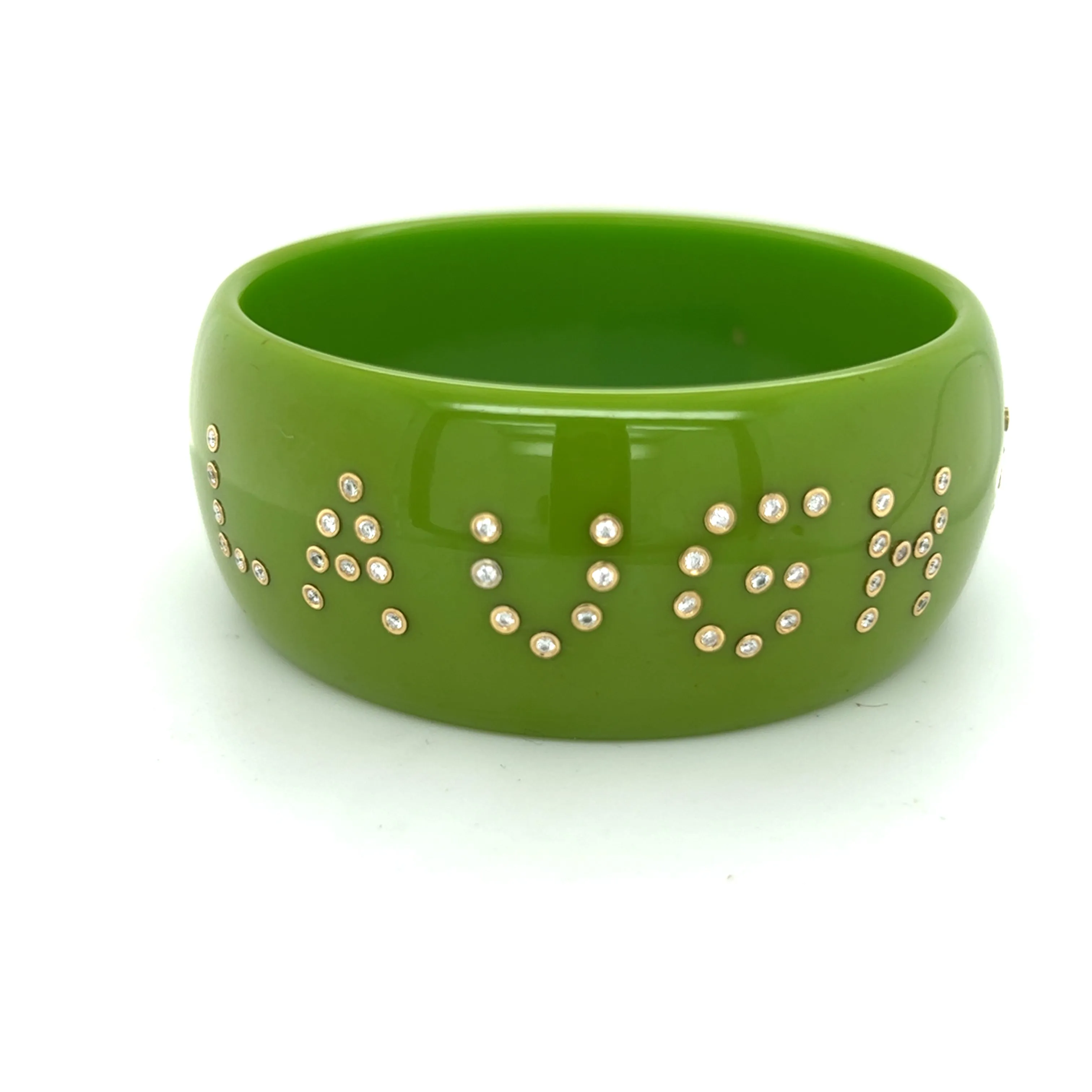 Apple Green Bakelite Bangle with Diamonds "Live, Love, Laugh"