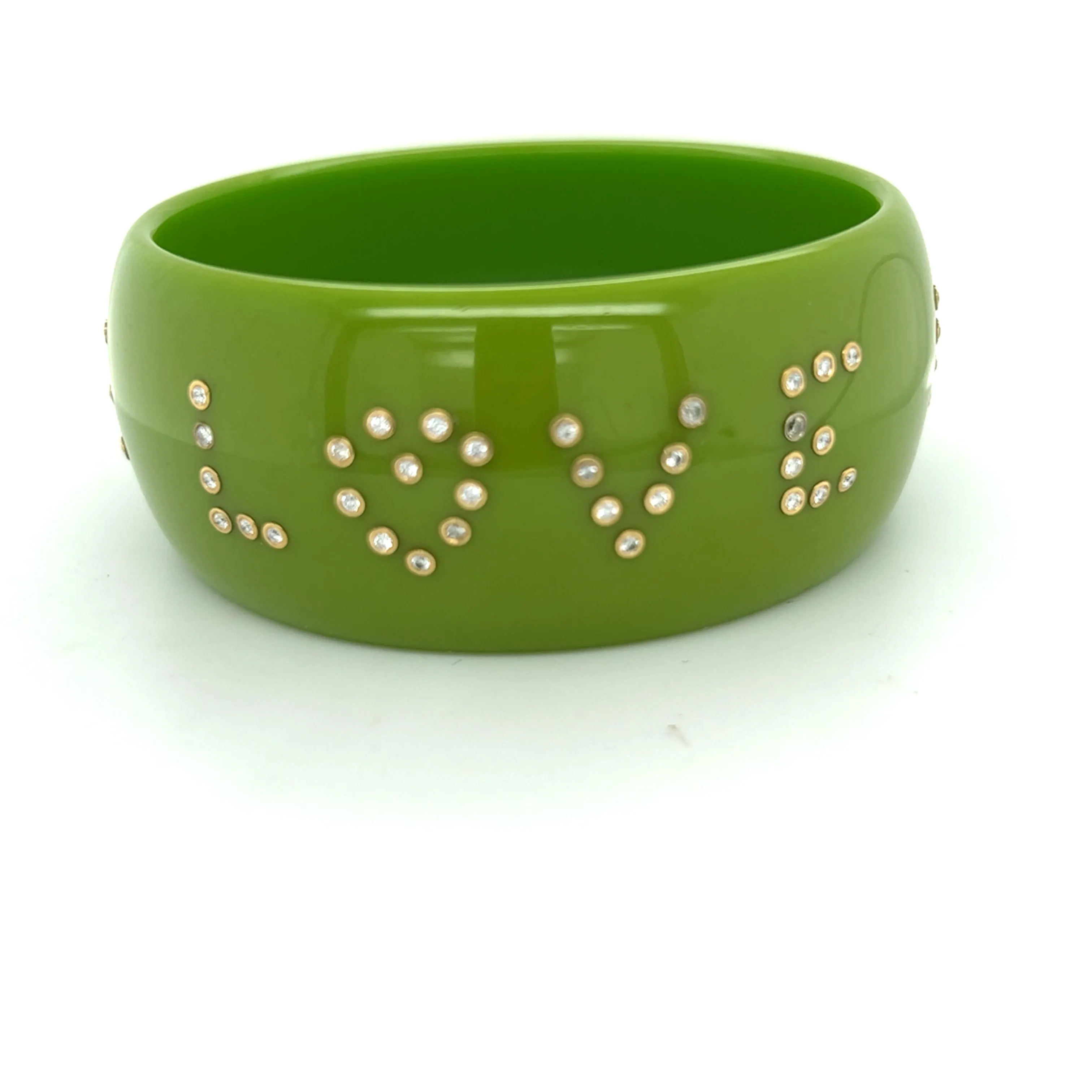 Apple Green Bakelite Bangle with Diamonds "Live, Love, Laugh"