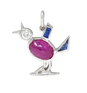 Art Deco 1.75 CTW Ruby Diamond Sapphire Platinum Bird Charm