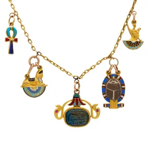 Art Deco 18k and Enamel Egyptian Charm Necklace