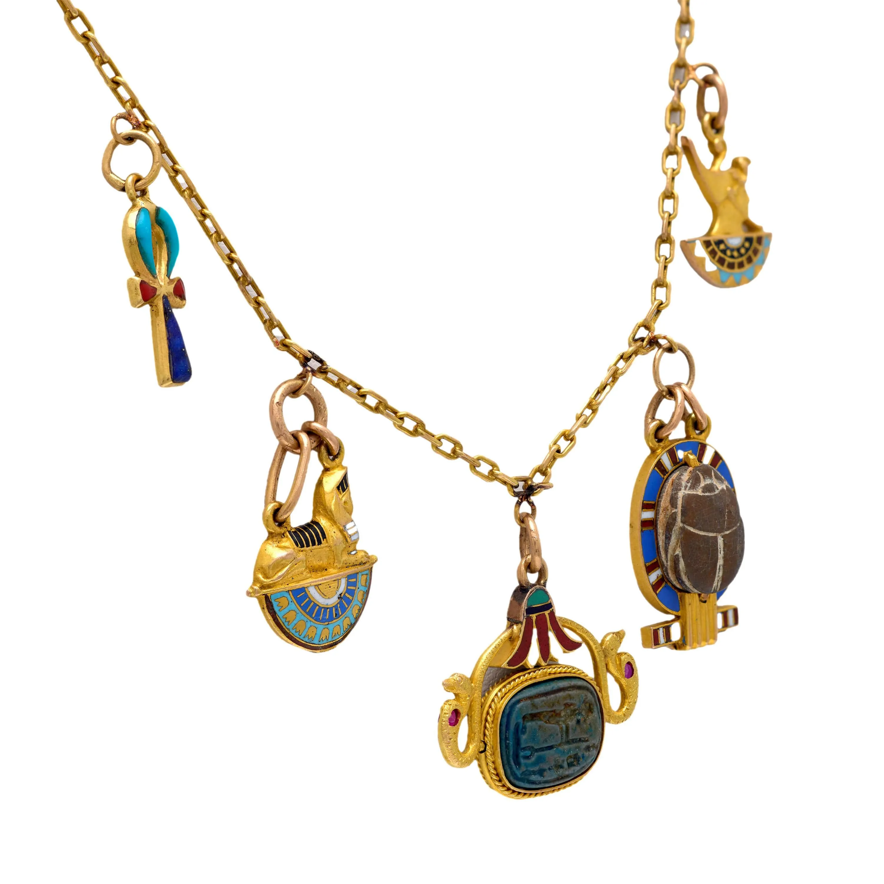 Art Deco 18k and Enamel Egyptian Charm Necklace