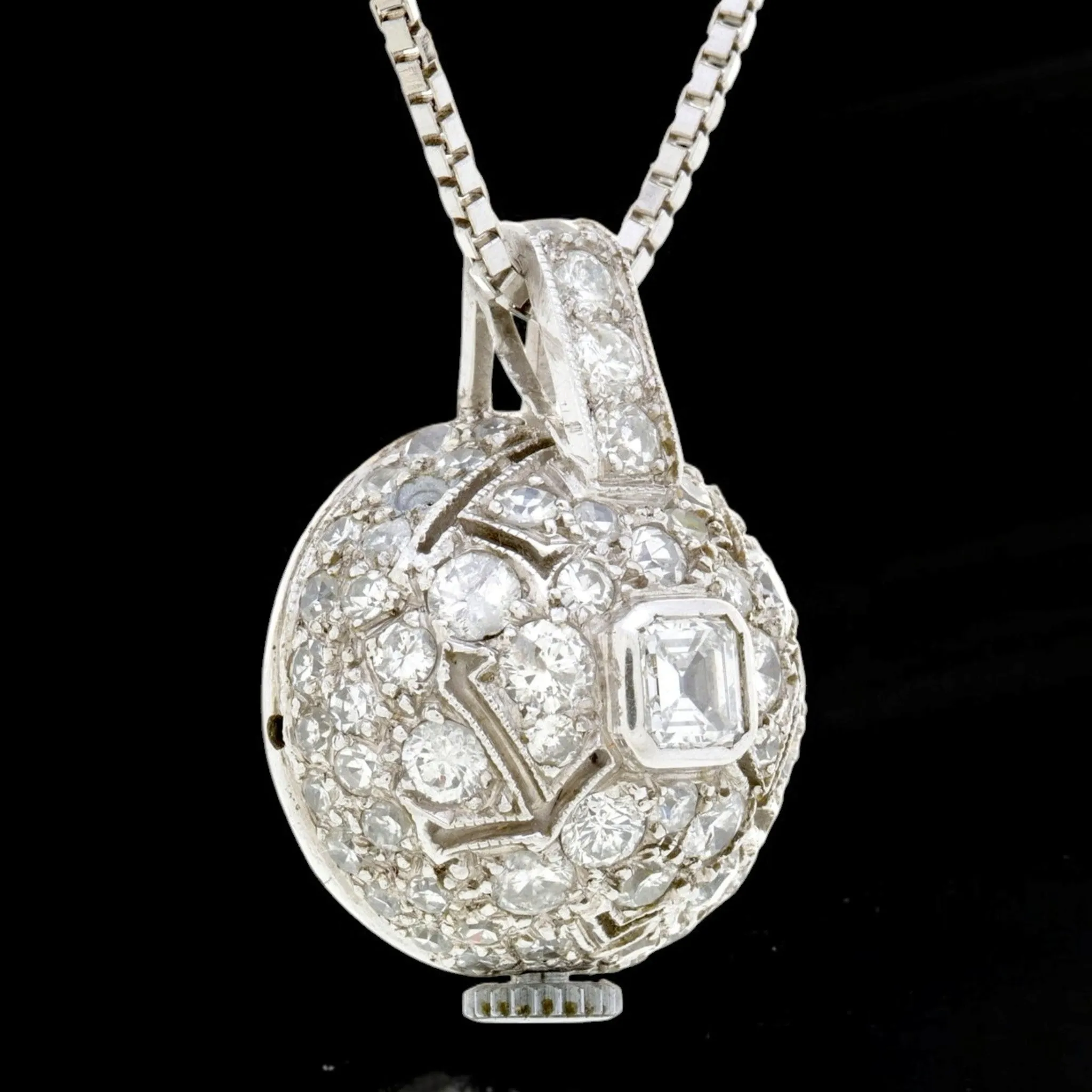 Art Deco 18KT White Gold & Platinum Diamond Watch Pendant Necklace