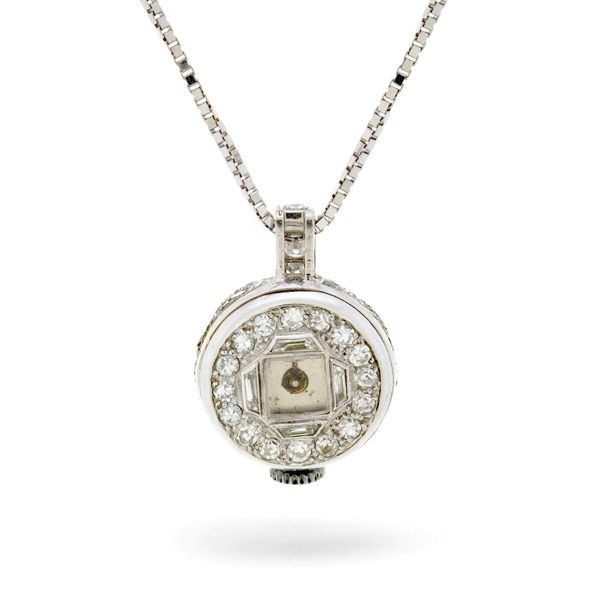 Art Deco 18KT White Gold & Platinum Diamond Watch Pendant Necklace