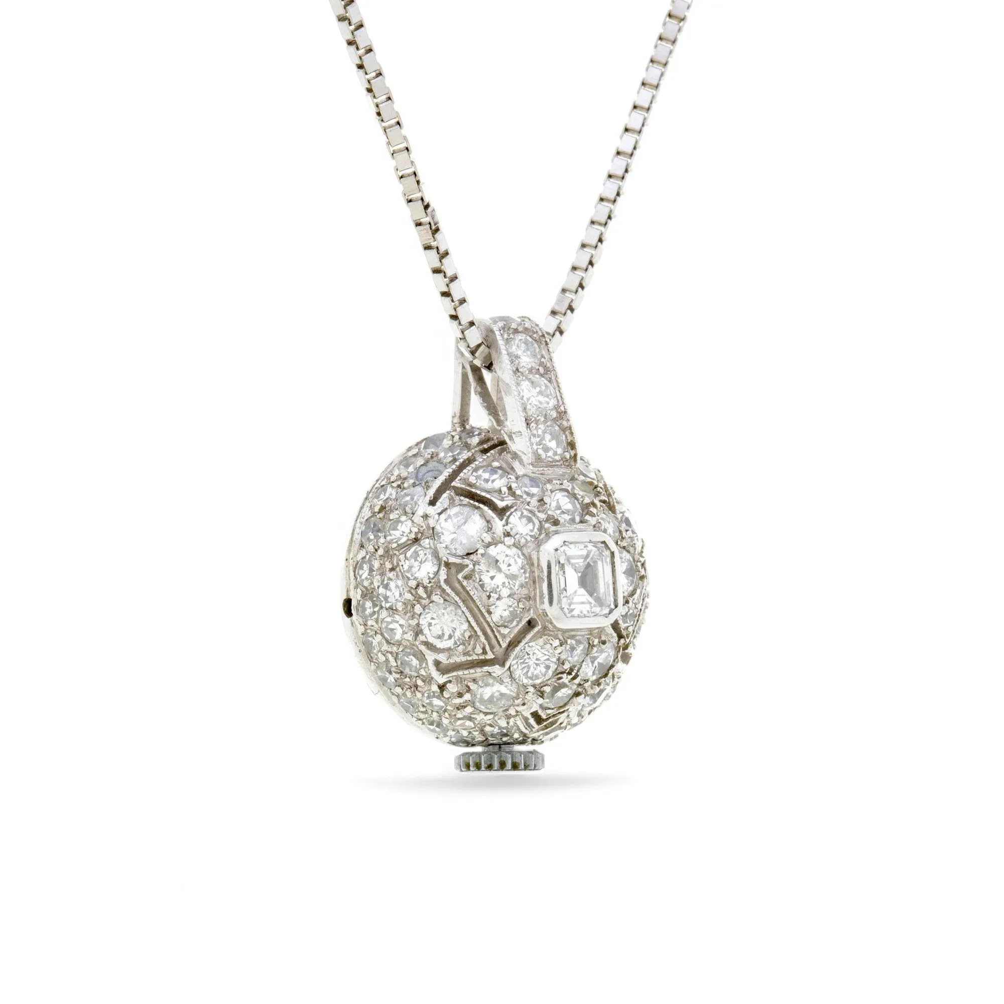 Art Deco 18KT White Gold & Platinum Diamond Watch Pendant Necklace