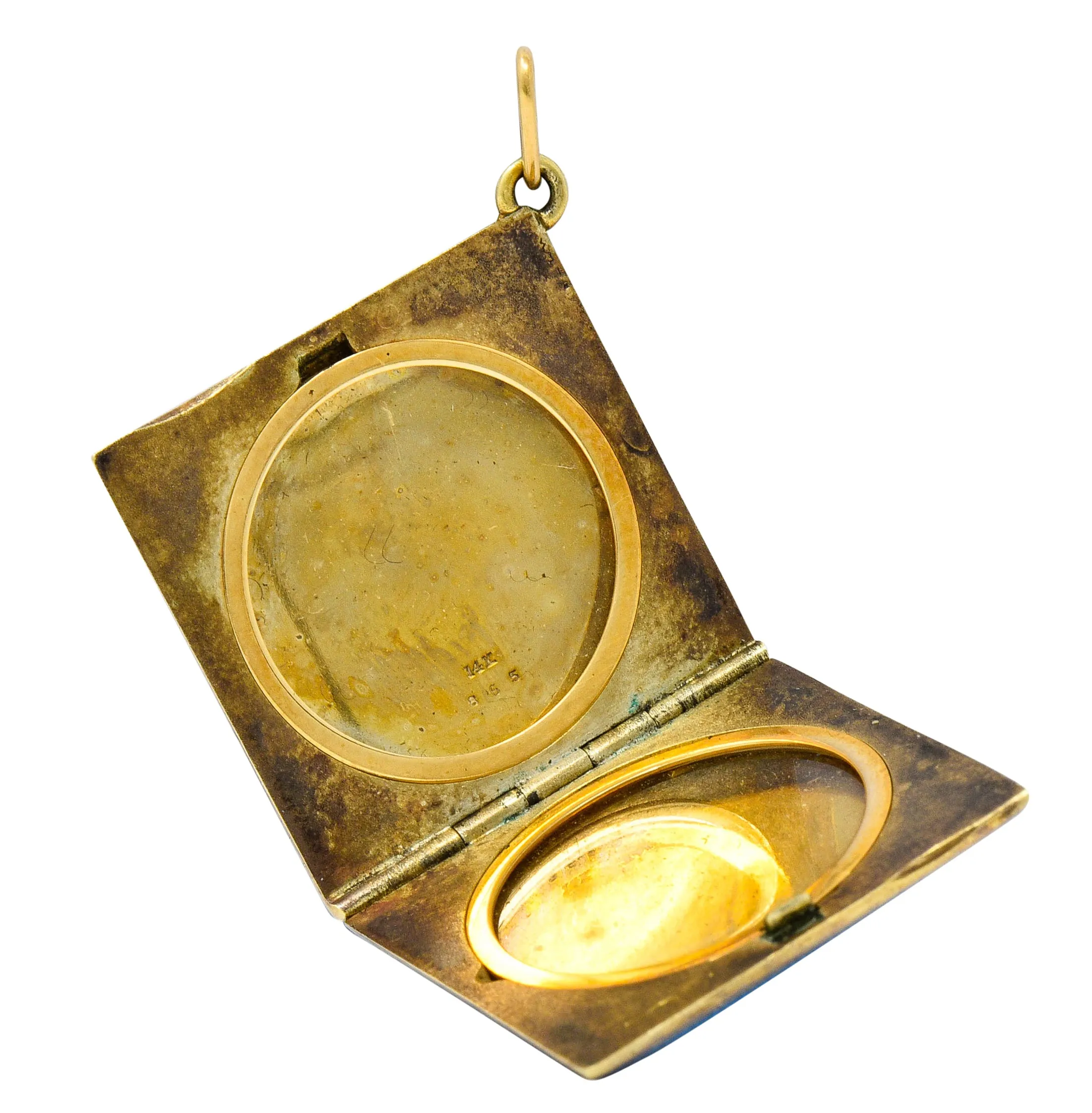 Art Deco Blue Enamel 14 Karat Gold Square Locket Pendant Charm