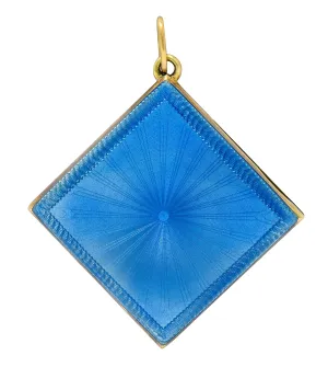 Art Deco Blue Enamel 14 Karat Gold Square Locket Pendant Charm