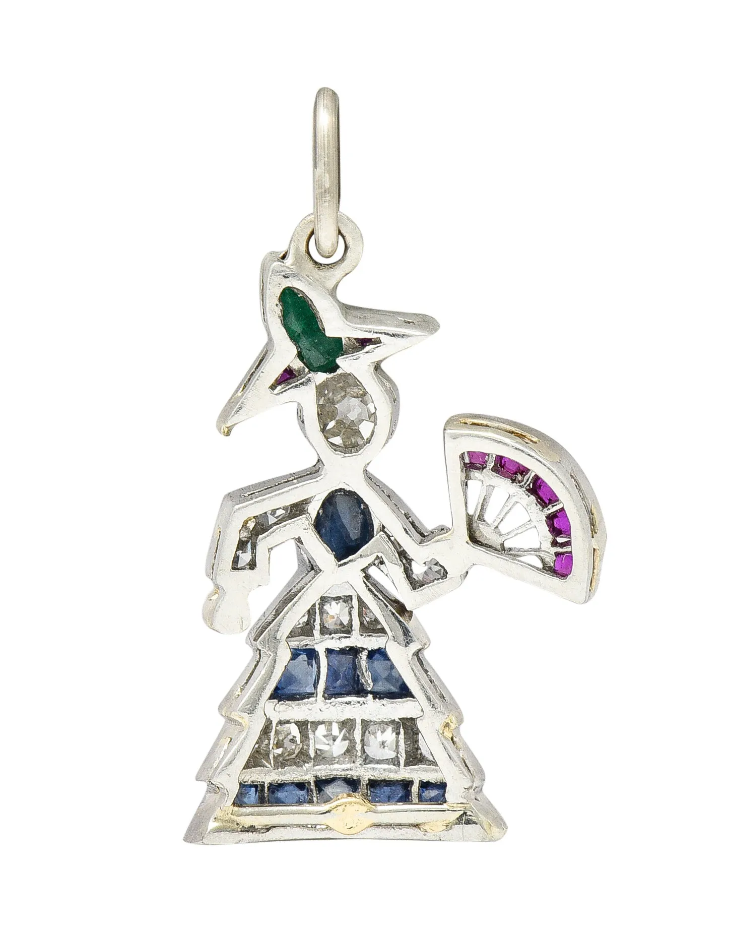 Art Deco Diamond Emerald Sapphire Ruby Platinum Flamenco Dancer Charm