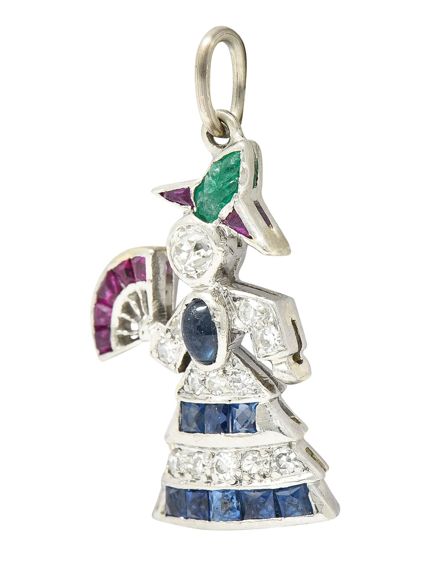 Art Deco Diamond Emerald Sapphire Ruby Platinum Flamenco Dancer Charm