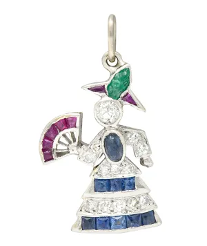 Art Deco Diamond Emerald Sapphire Ruby Platinum Flamenco Dancer Charm