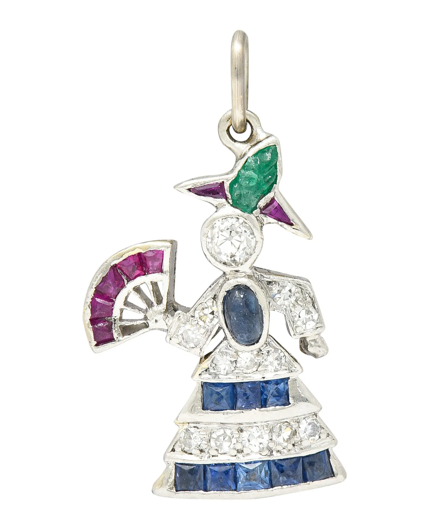 Art Deco Diamond Emerald Sapphire Ruby Platinum Flamenco Dancer Charm