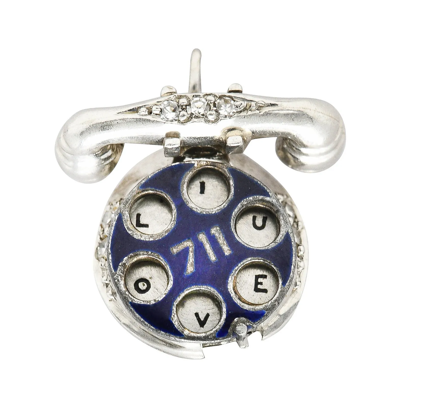 Art Deco Diamond Enamel Platinum HELLO I LOVE YOU Vintage Phone Charm