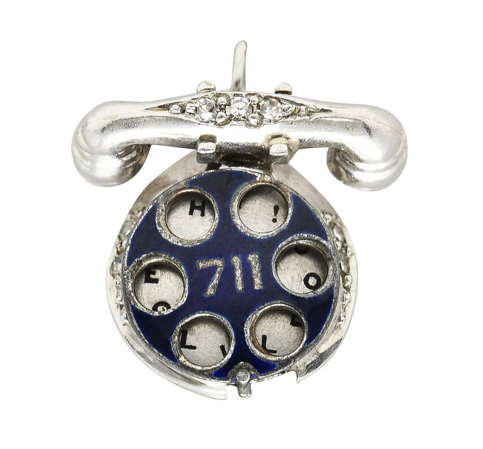 Art Deco Diamond Enamel Platinum HELLO I LOVE YOU Vintage Phone Charm