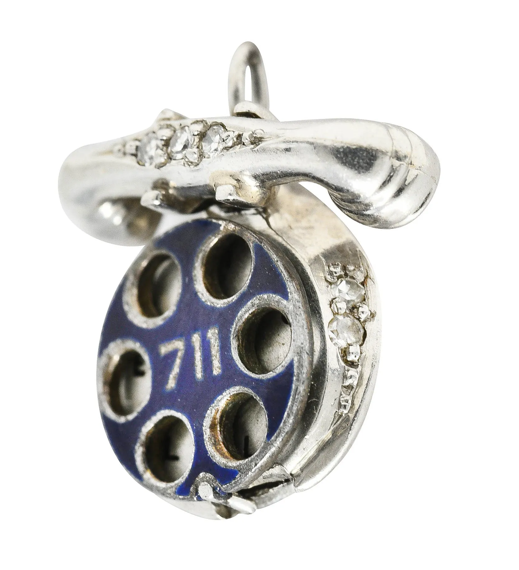 Art Deco Diamond Enamel Platinum HELLO I LOVE YOU Vintage Phone Charm
