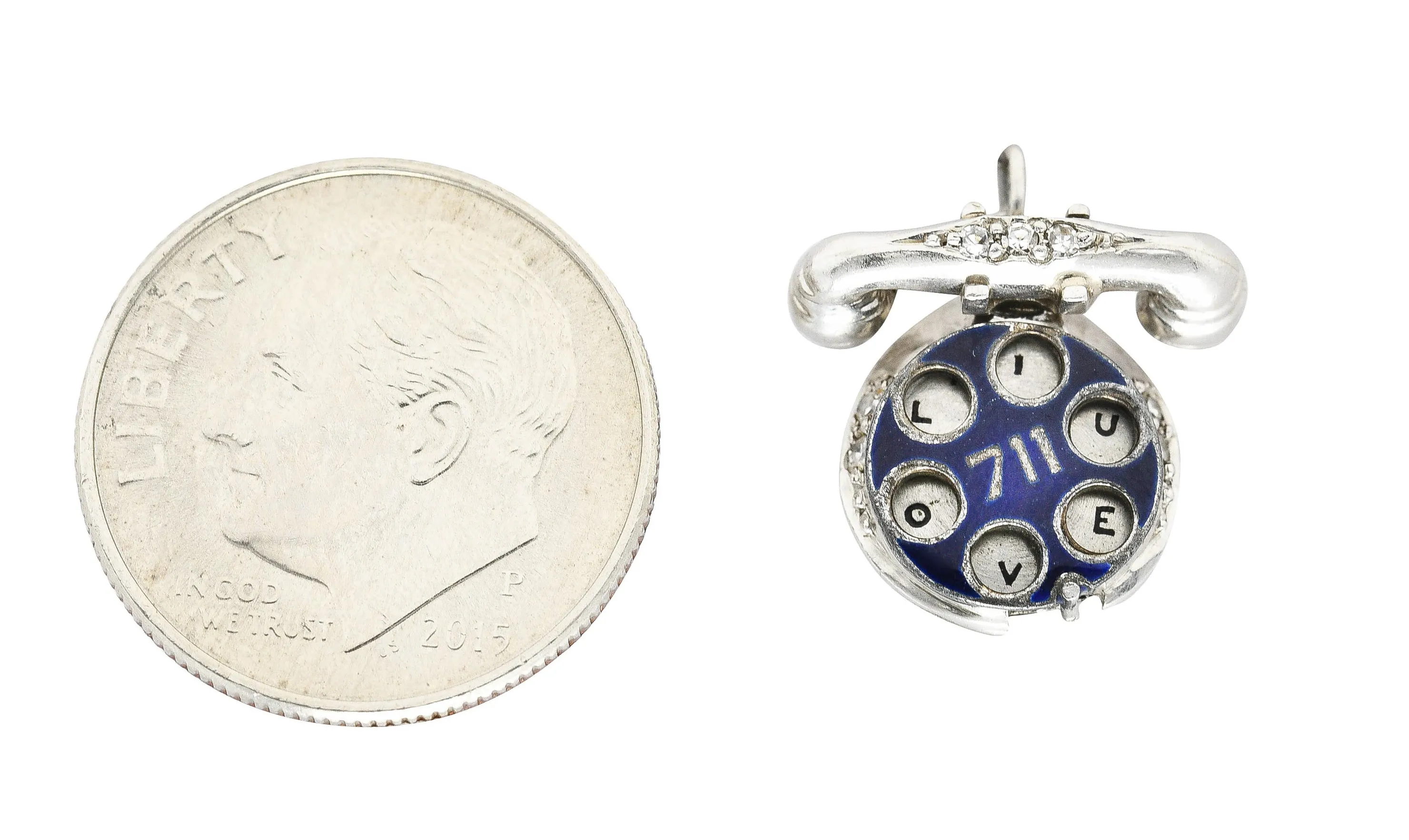 Art Deco Diamond Enamel Platinum HELLO I LOVE YOU Vintage Phone Charm